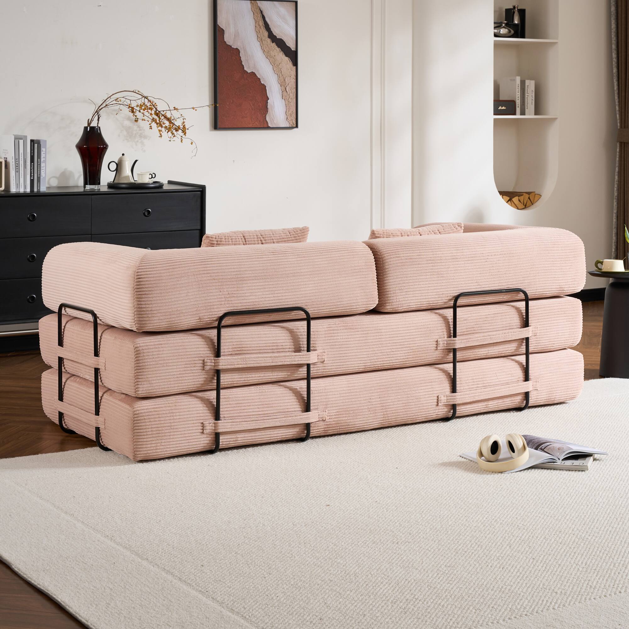 Alt View 5. GOODSILO - Convertible Sleeper Sofa in Cylindroy Fabric | Features a Cylindrical Pillow & Space-Saving Foldable Design - Pink.