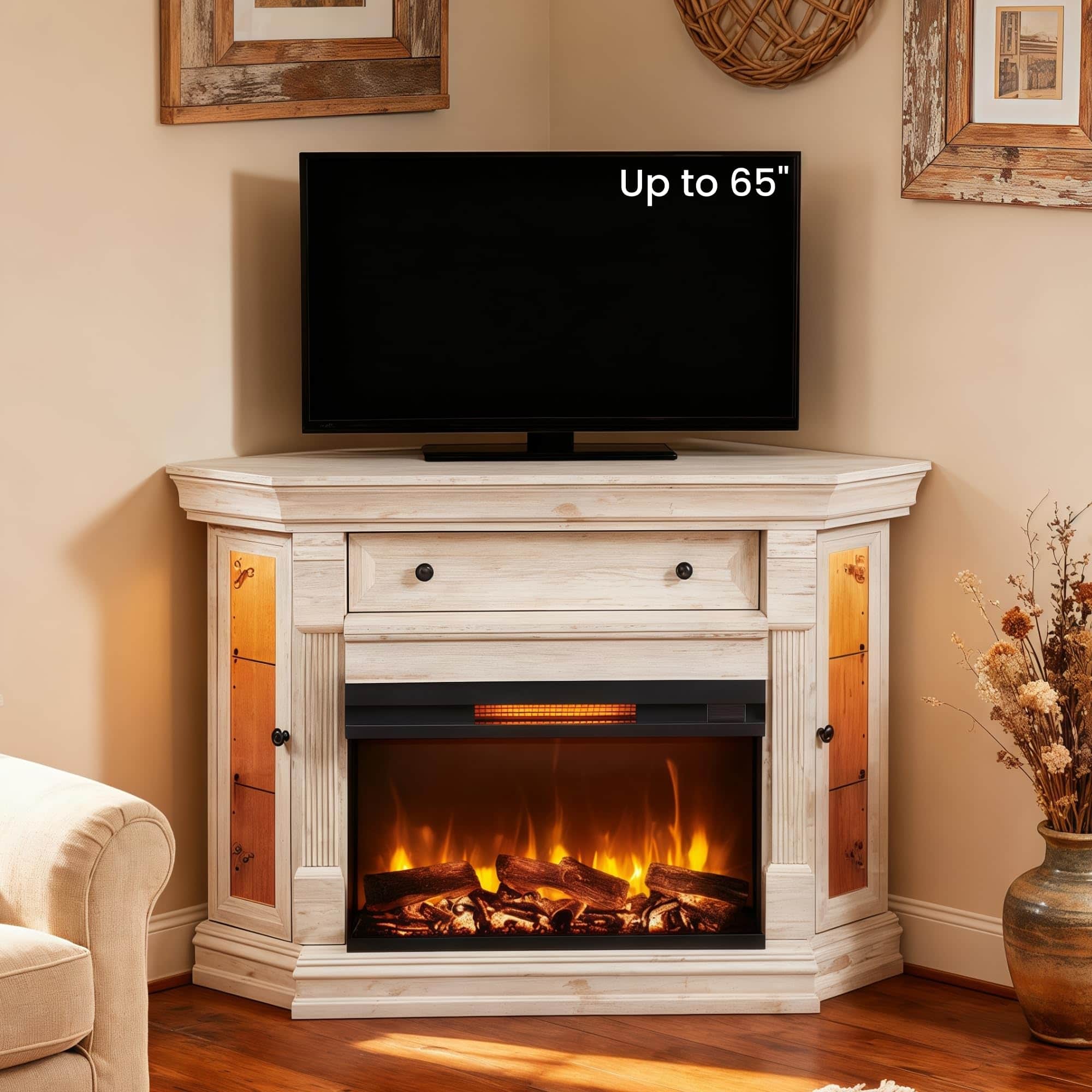 OMOMMD - 56" Corner Fireplace TV Stand for 65" TVs, 30" 3-Sided Electric Fireplace, Flip-Top Storage - Antique Brush White