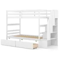 Costway Twin Over Twin Bunk Bed with Storage Stairs & Drawers Full-length Guardrails - White - Front_Zoom