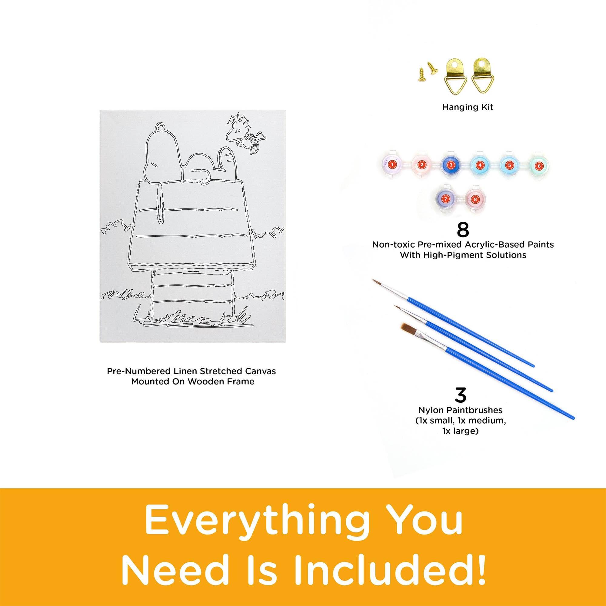 Hanging Kit  
8 Non-toxic Pre-mixed Acrylic-Based Paints With High-Pigment Solutions  
Pre-Numbered Linen Stretched Canvas Mounted On Wooden Frame  
3 Nylon Paintbrushes (1x small, 1x medium, 1x large)  
Everything You Need Is Included!