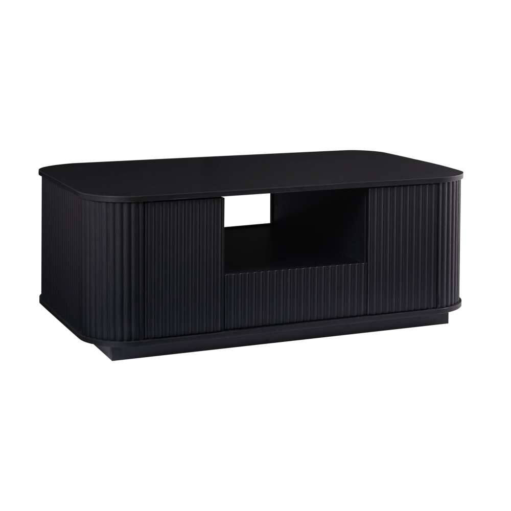 Angle. Lirago - 47" Modern Oval Coffee Table Black with Drawers Storage Open shelving Compartments Curved Contour Design - Black.