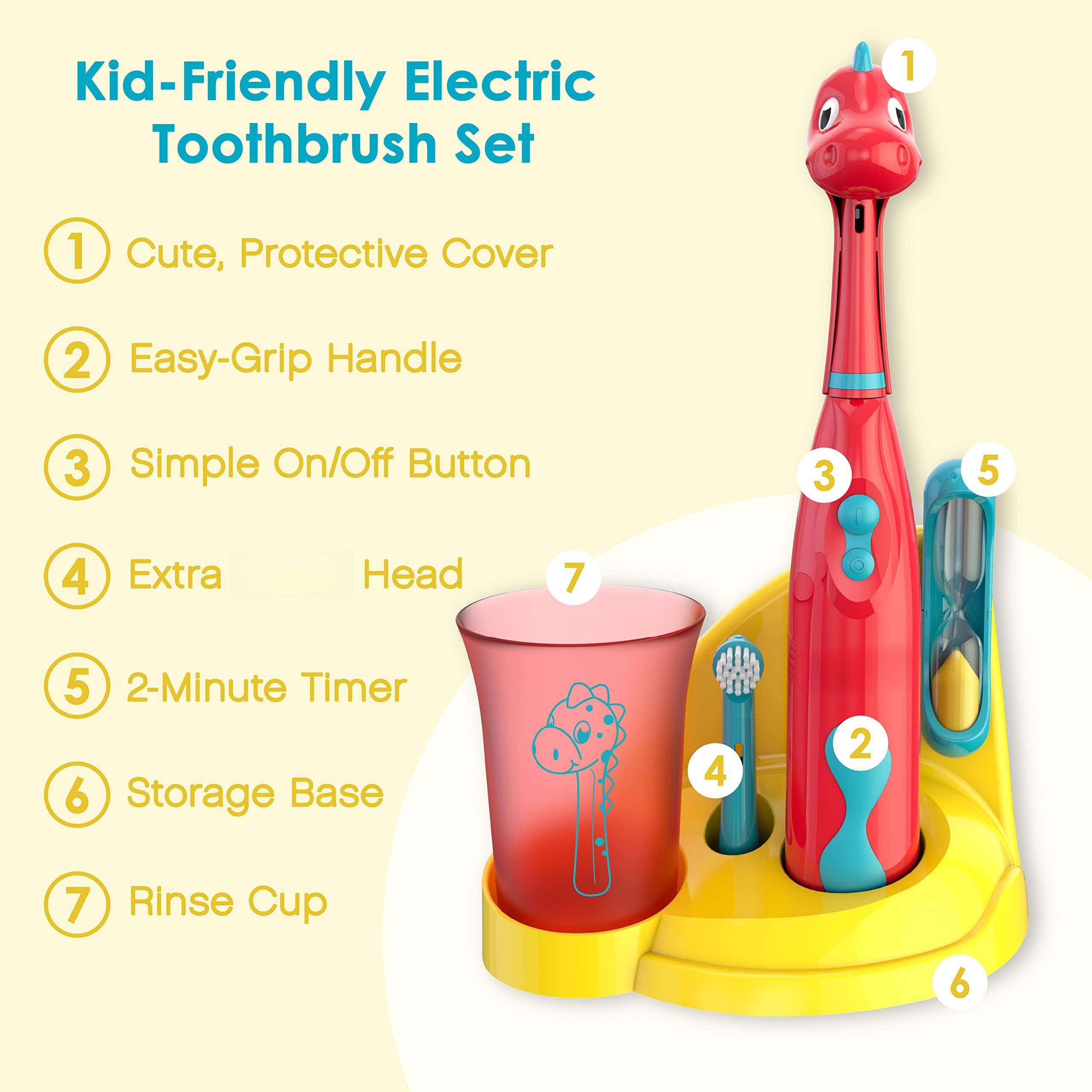 Kid-Friendly Electric Toothbrush Set

1. Cute, Protective Cover
2. Easy-Grip Handle
3. Simple On/Off Button
4. Extra Head
5. 2-Minute Timer
6. Storage Base
7. Rinse Cup