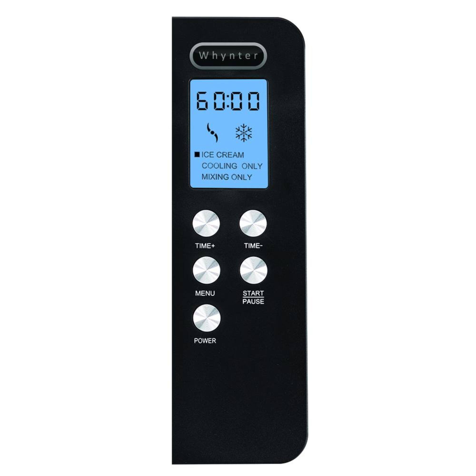 Whynter 60:00 ICE CREAM COOLING ONLY MIXING ONLY TIME+ TIME- MENU START PAUSE POWER
