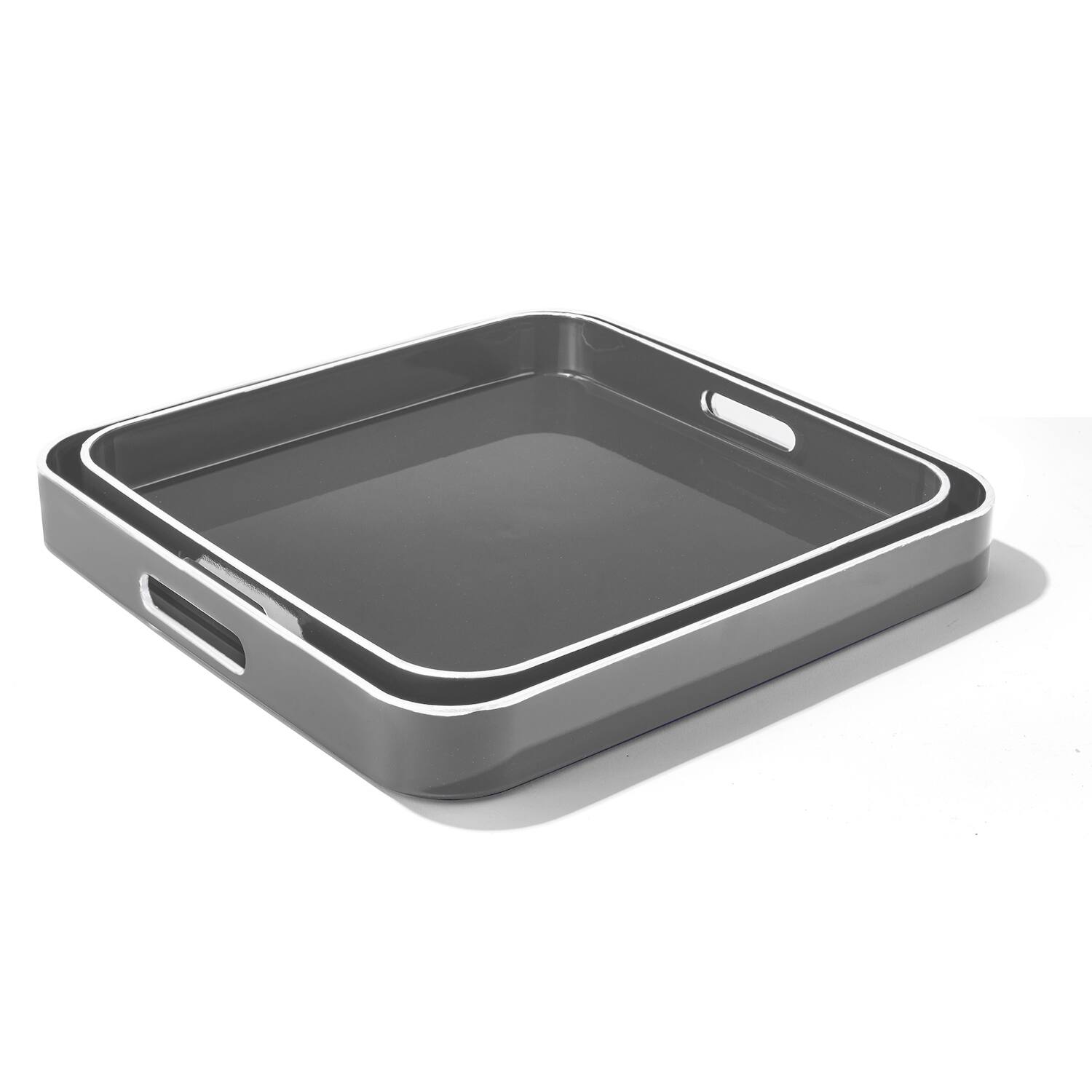 Front. Jay Import - Gray Square Tray Set with White Rim, 2 Pieces - Gray.
