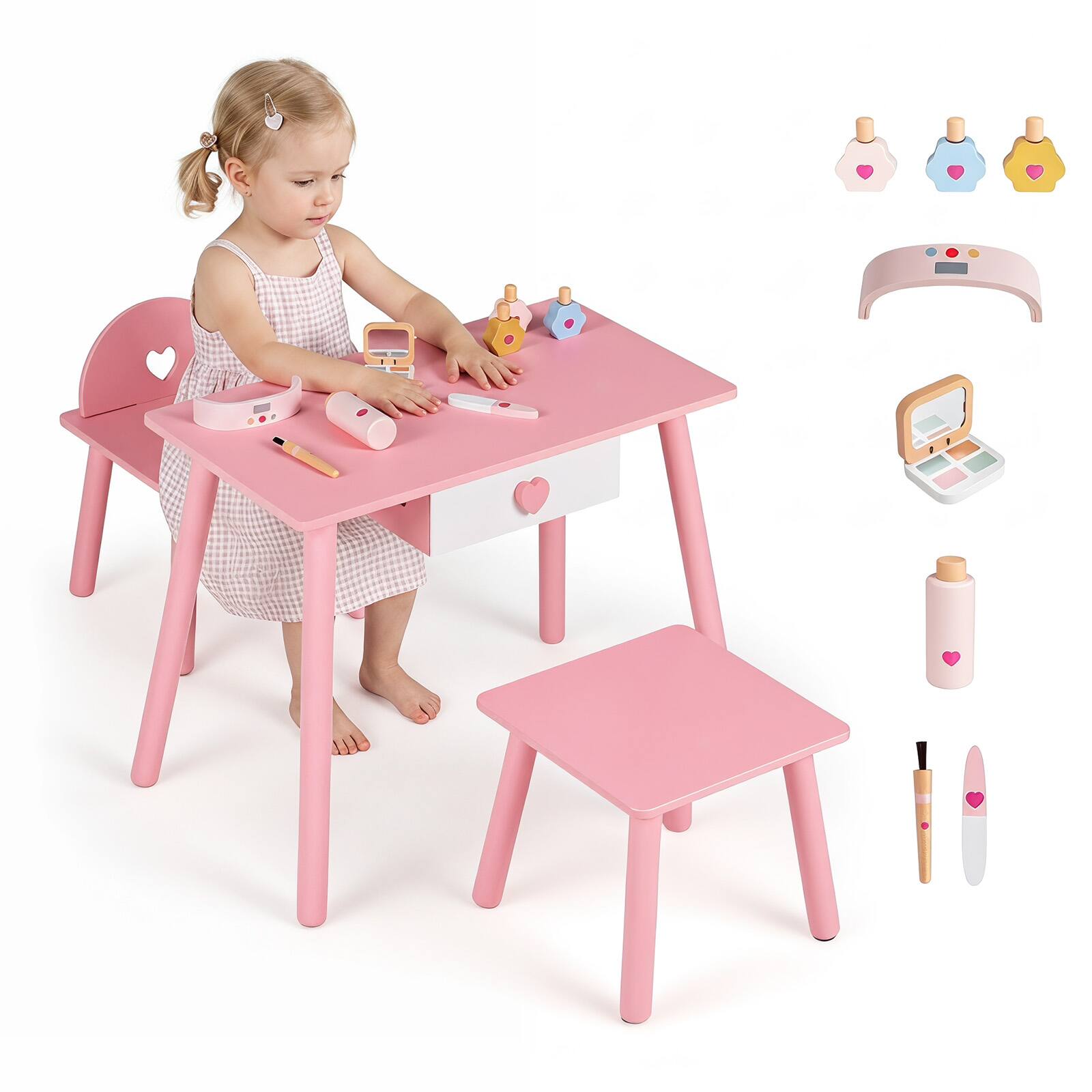 Alt View 1. Costway - Costway Kids Pretend Nail Salon Playset Wooden Toddlers Makeup with Chair & Stool Light Pink-Nail Salon - Light Pink-Nail Salon.