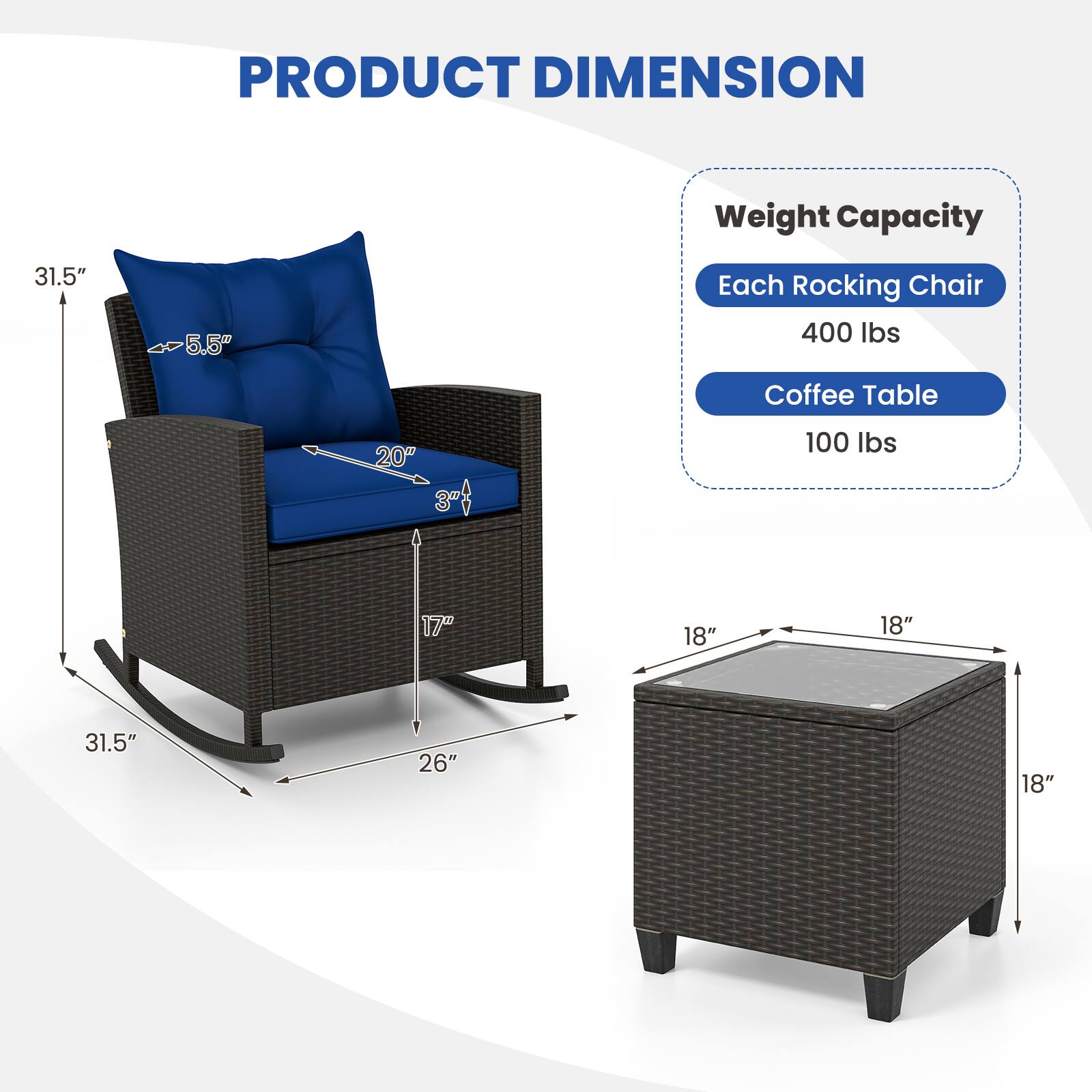 PRODUCT DIMENSION
Weight Capacity
Each Rocking Chair 400 lbs
Coffee Table 100 lbs
31.5" 5.5" 20" 17" 26" 18" 18" 31.5"