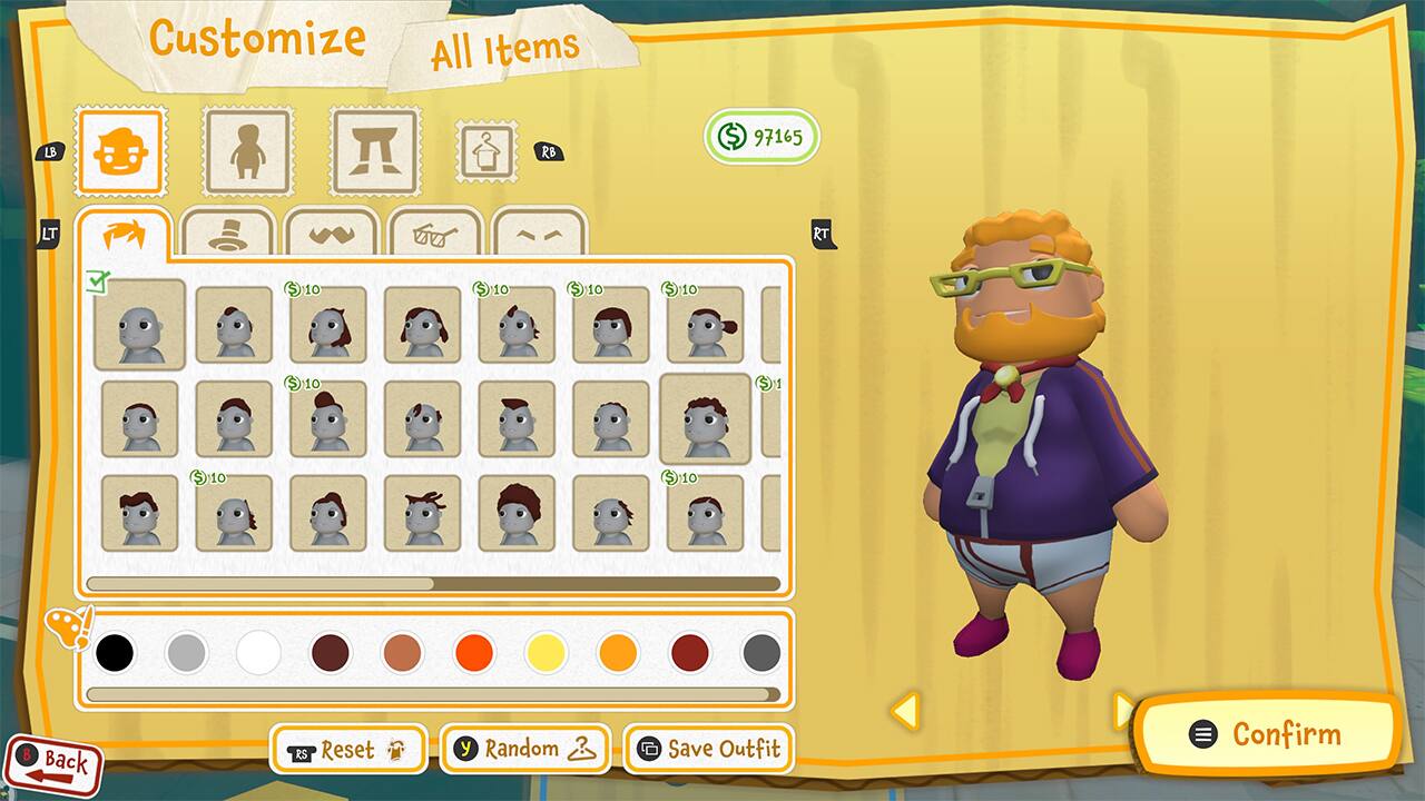 Customize All Items: LB RB $ 97165 LT RT $ 10 $ 10 $ 10 $ 10 S 10 $ 1 $10 10 $ 10 B Back RS Reset y Random Save Outfit Confirm