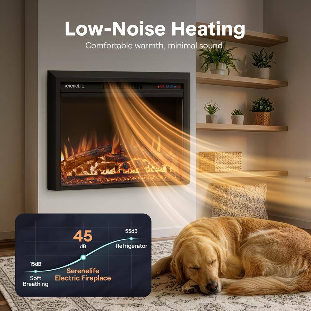 Low-Noise Heating  
Comfortable warmth, minimal sound.  

Serenelite D  
45 dB  
55 dB Refrigerator  
15 dB Serenelife Soft Electric Fireplace Breathing
