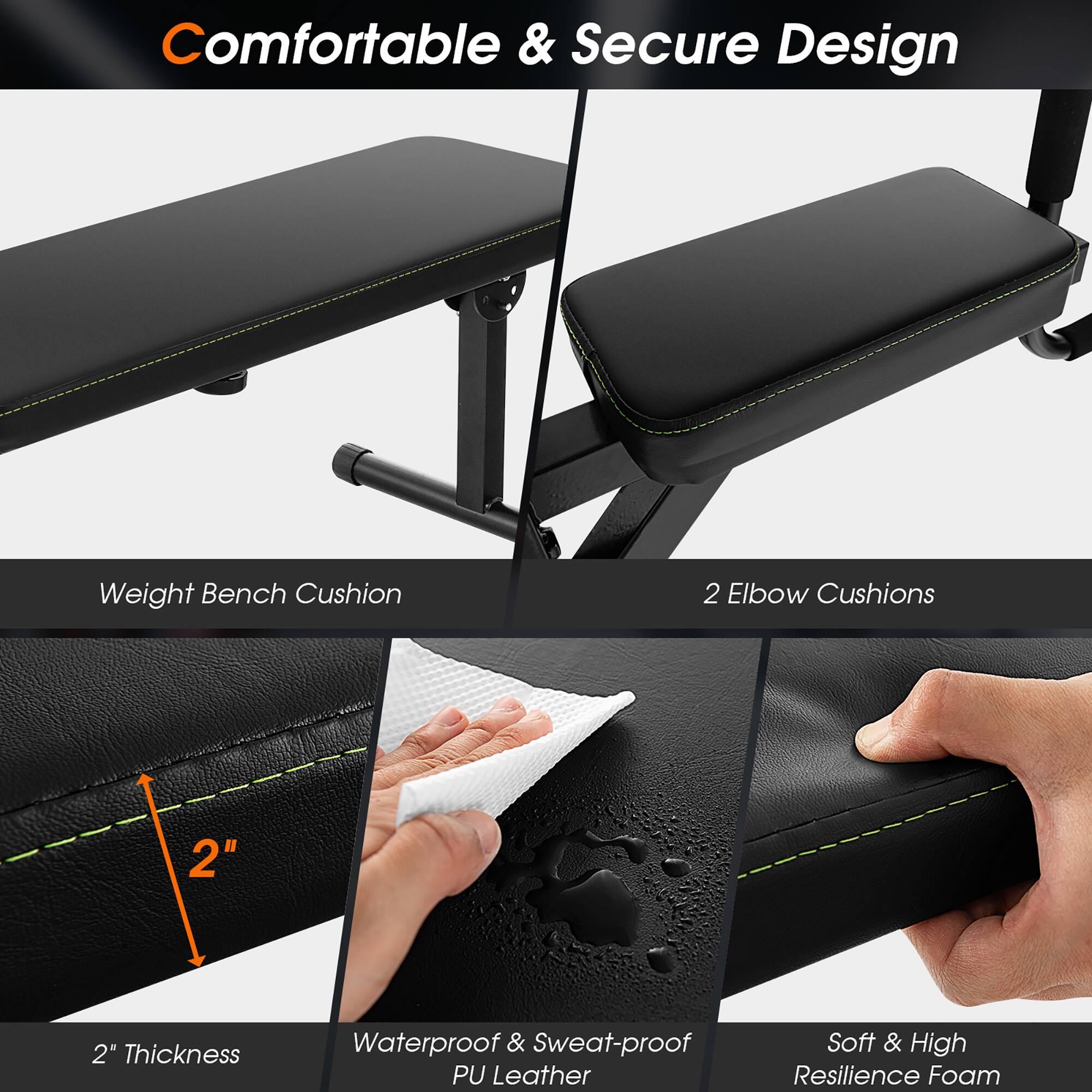 Comfortable & Secure Design: Weight Bench Cushion with 2 Elbow Cushions, 2" Thickness, Waterproof & Sweat-proof PU Leather, Soft & High Resilience Foam.
