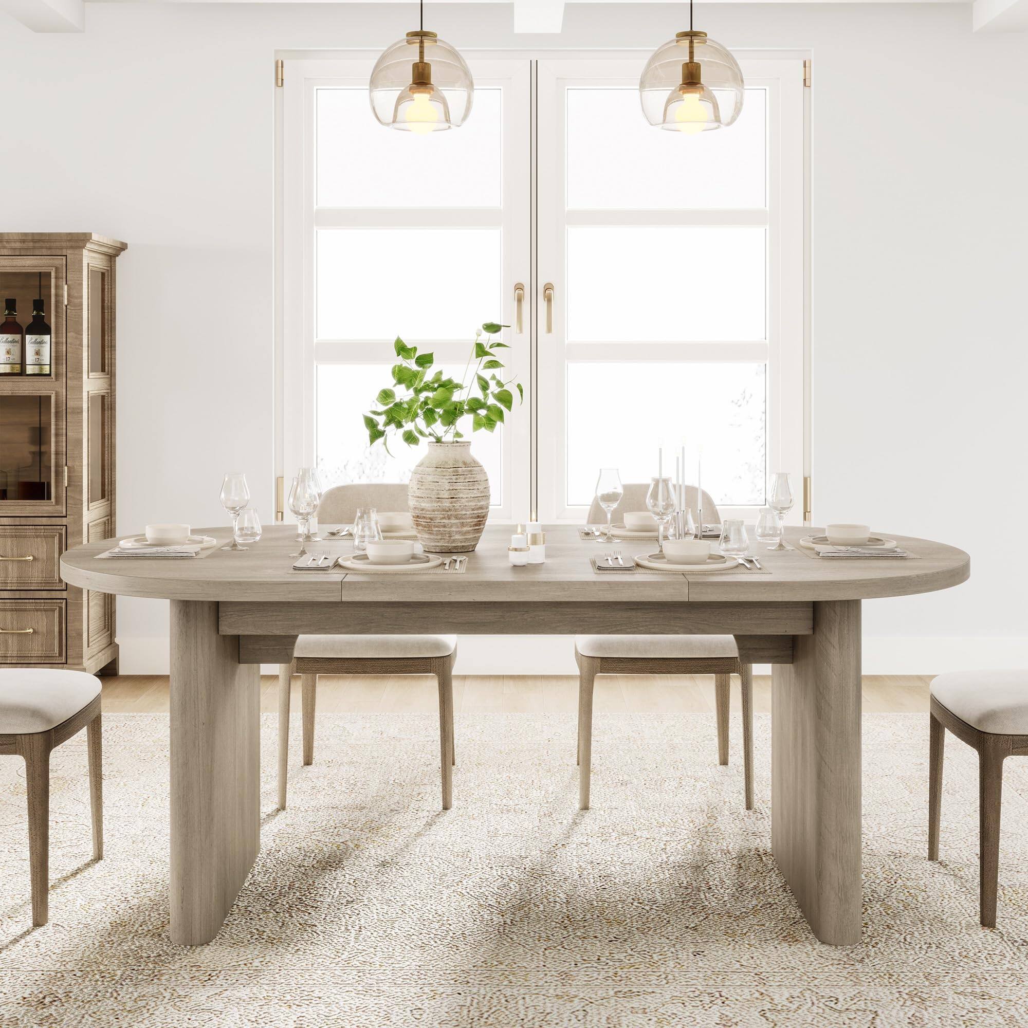 Front. Babevy - 70.8" Oval Dining Table for 6–8, Large Farmhouse Kitchen Table with Sturdy Wooden Base for Dining Room or Office - Gray.