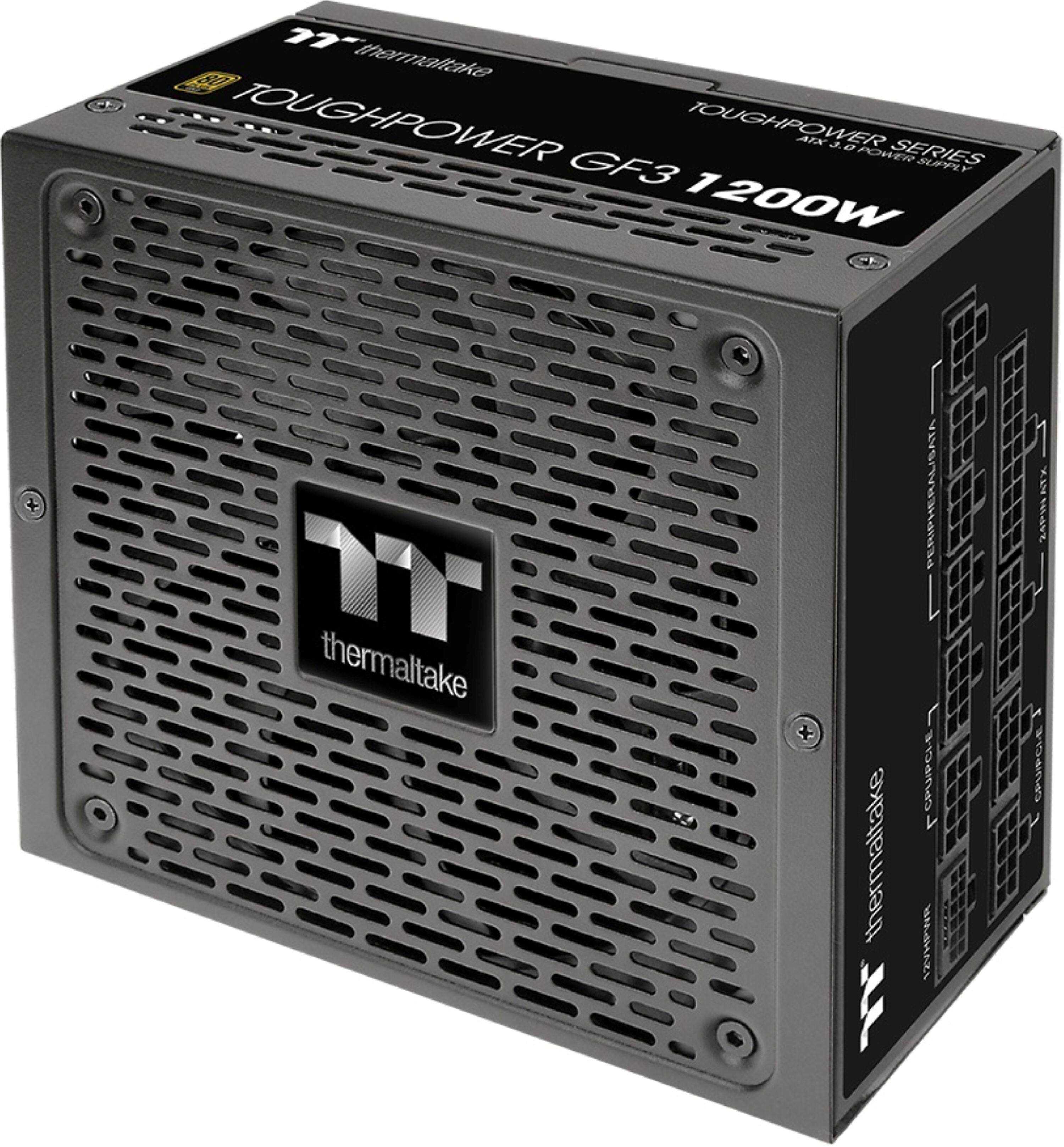 The text on the image reads: "TOUGHPOWER GF3 1200W PERIPHERALS SUAY Y 1200W PERIPHERALISATA thermaltake + PINs T thermaltake 12VHPWR ZPRATX CPUPGLE."