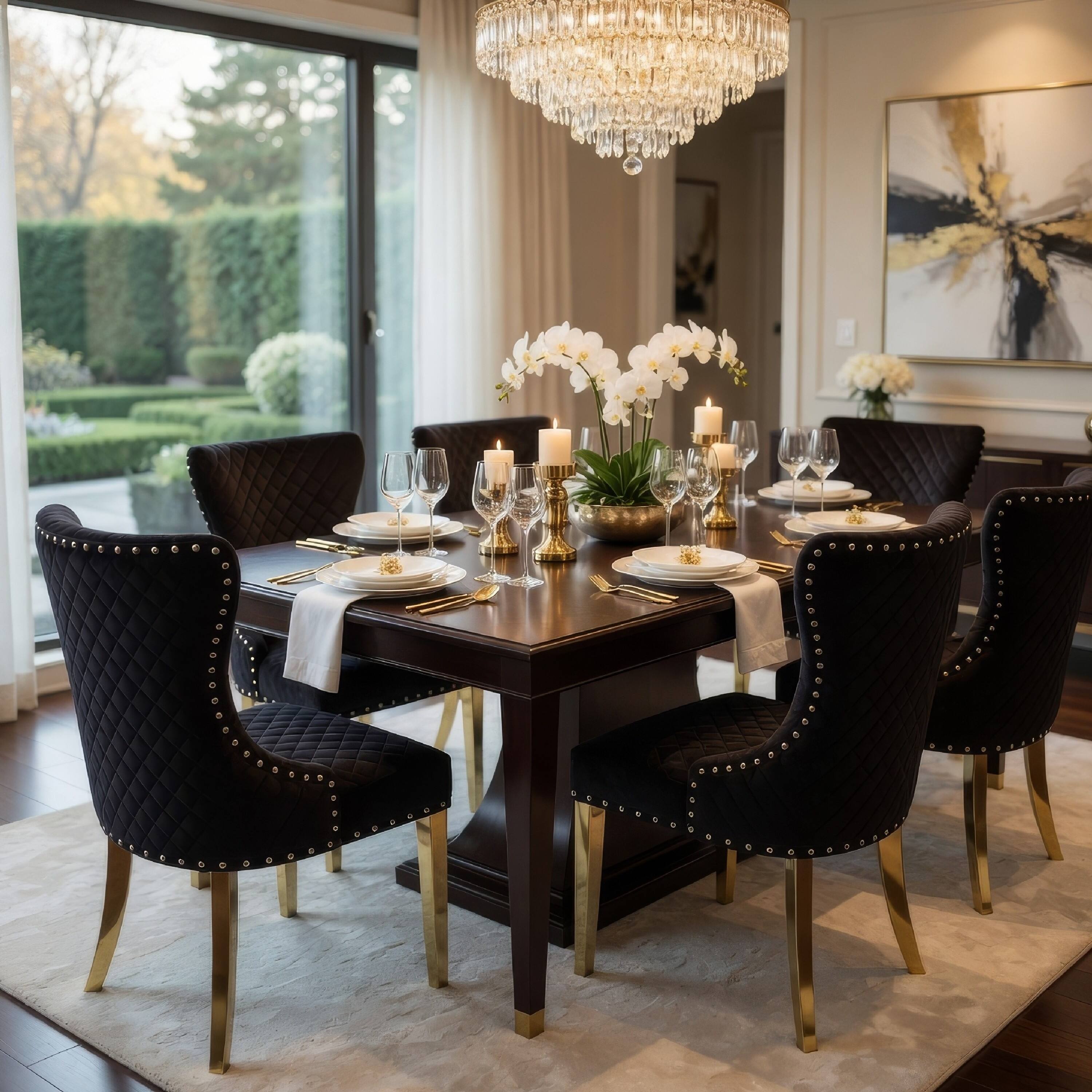 Alt View 6. Manhattan Lane - Anova Dining Side Chair Set of 2, Diamond Pattern Black Seat, Gold Leg - Black, Gold.
