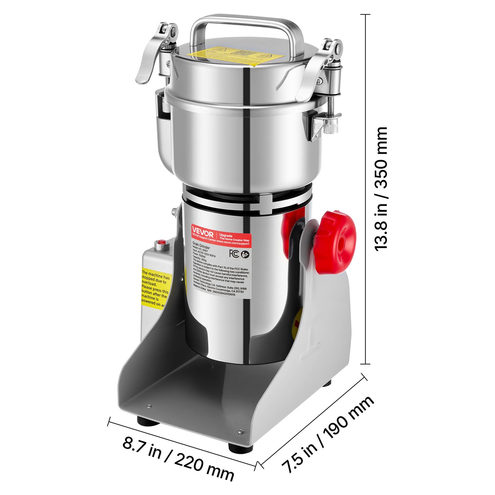The machine stopped due to overload. Please press the button after this machine is powered on.

VEVOR Upgrade Home Crestor Way Grain Grinder
www.vevor.com/support

10 following beb conditions
interference, ary interference

100ml DA Miles Subs 250 70 % 2601028425005 Cacanenge CA 95730

mm 350 / in 13.8
8.7 in 220 mm
7.5 in 190 mm