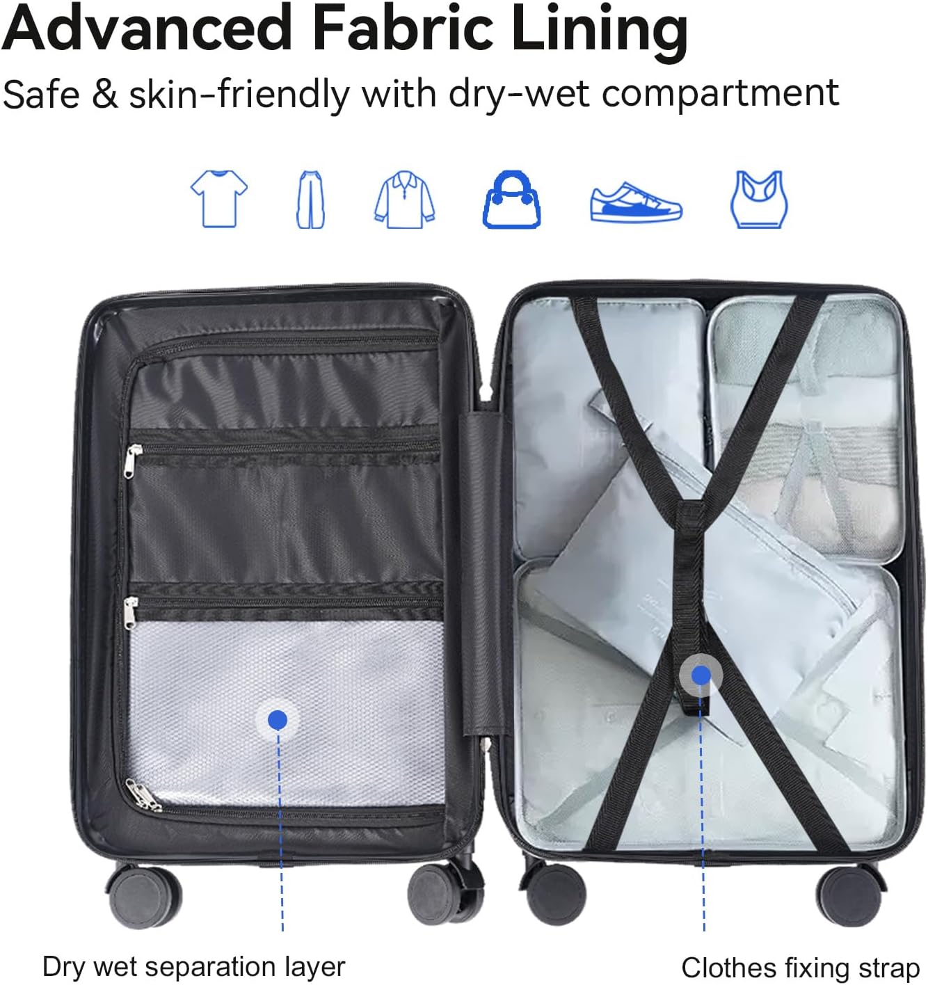 Advanced Fabric Lining  
Safe & skin-friendly with dry-wet compartment  
Dry wet separation layer  
Clothes fixing strap