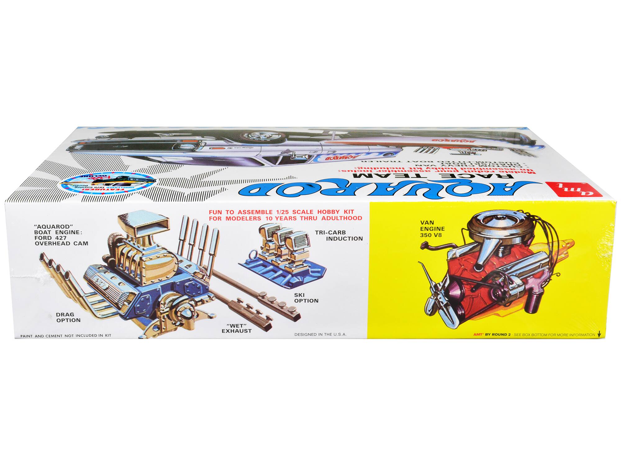 VONo ROSN | O. "AQUAROD" BOAT ENGINE: FORD 427 OVERHEAD CAM MINSEI ae .......... |  : O i A.O :  ............ .- TE .P.X.2O OR IOM. ............... .AAs ..DO..... UAA TEAM RACE OUAROB ... FUN TO ASSEMBLE 1/25 SCALE HOBBY KIT FOR MODELERS 10 YEARS THRU ADULTHOOD VAN ENGINE TRI-CARB 350 V8 INDUCTION SKI OPTION DRAG OPTION PAINT ANE IMENT O1 013N N N1 "WET" EXHAUST SIGNED N THE U.S.A. AMT BY ROUND 2 SEE BOX BOTTOM FOR MORE INFORMATION