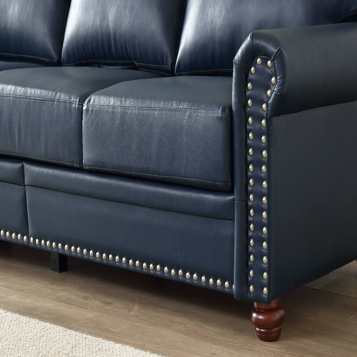 Alt View 3. Ropilly - Ropilly Navy Blue Faux Leather Sofa with Round Arms and Silver Nailhead Trim, 3 Seat Living Room Sofa - Navy Blue.