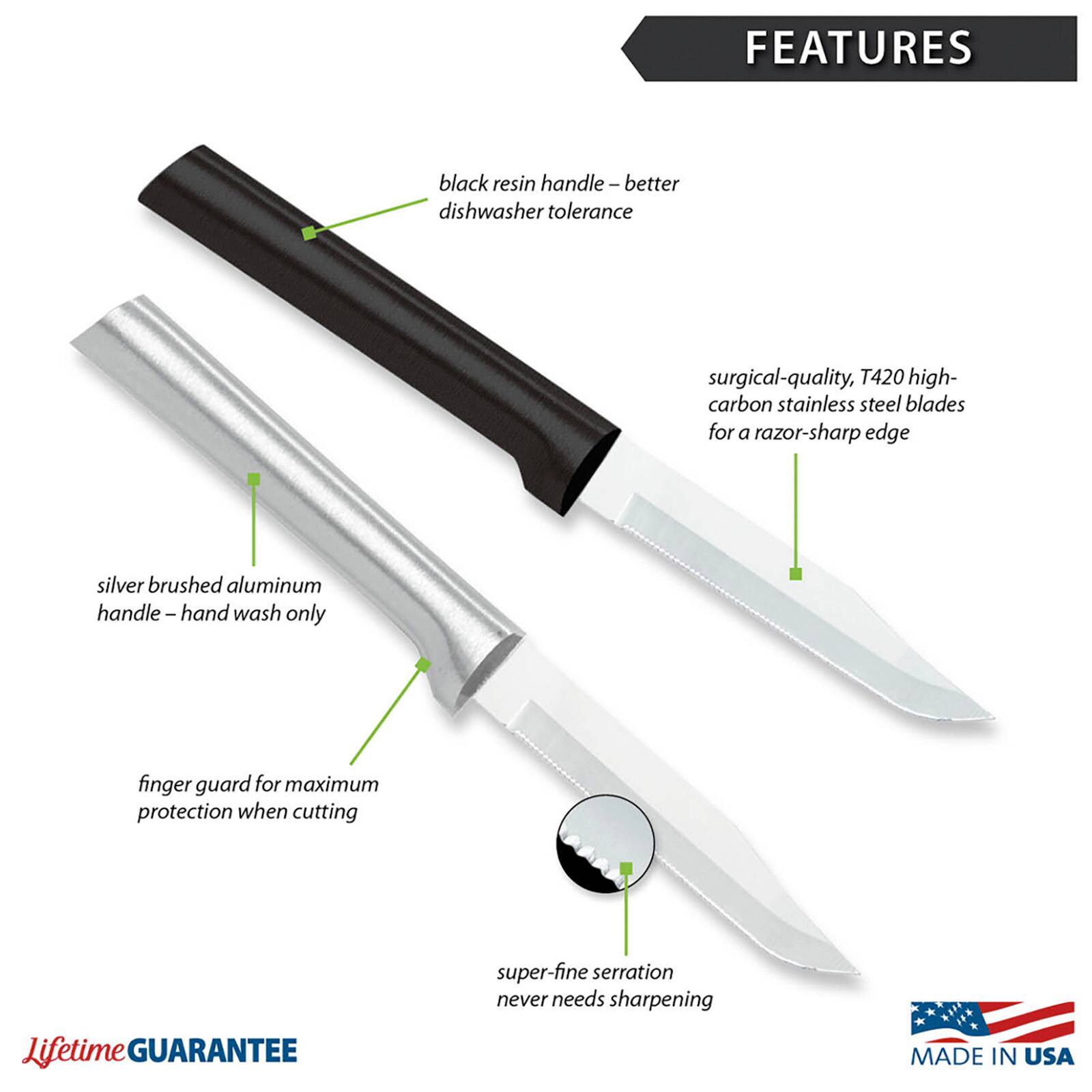FEATURES
- black resin handle - better dishwasher tolerance
- surgical-quality, T420 high-carbon stainless steel blades for a razor-sharp edge
- silver brushed aluminum handle - hand wash only
- finger guard for maximum protection when cutting
- super-fine serration never needs sharpening
LIFETIME GUARANTEE
MADE IN USA