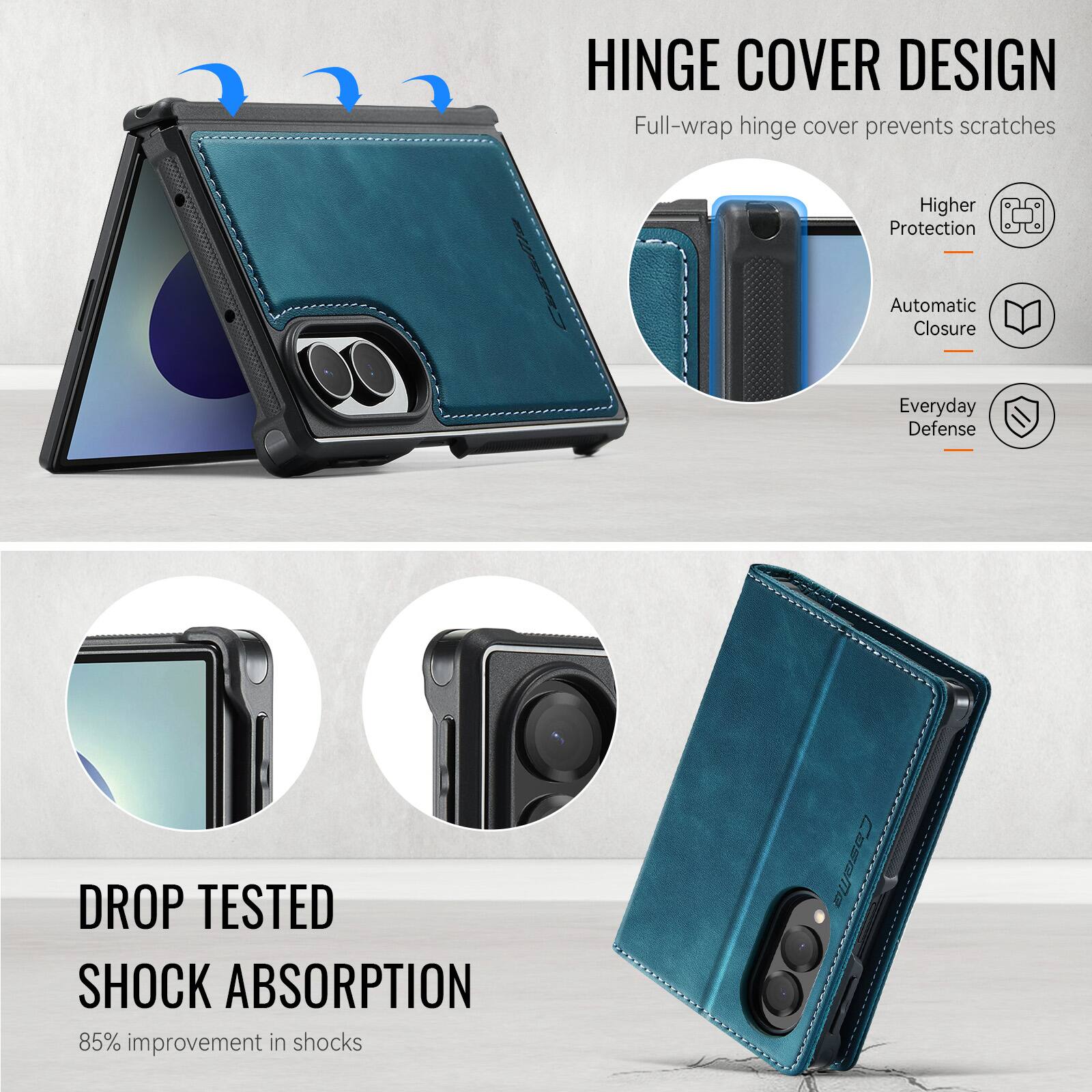 HINGE COVER DESIGN  
Full-wrap hinge cover prevents scratches  
Higher Protection  
Automatic Closure  
Everyday Defense  

DROP TESTED SHOCK ABSORPTION  
85% improvement in shocks