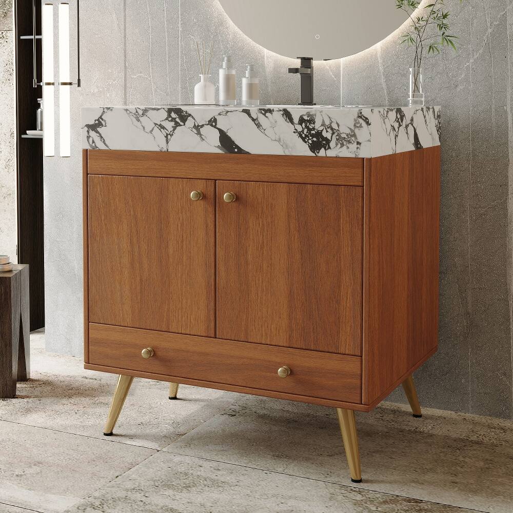 Back. Loheer - Loheer 30 inch bathroom vanity Freestanding Faux Marble Top Ceramic Sink Walnut - Walnut.