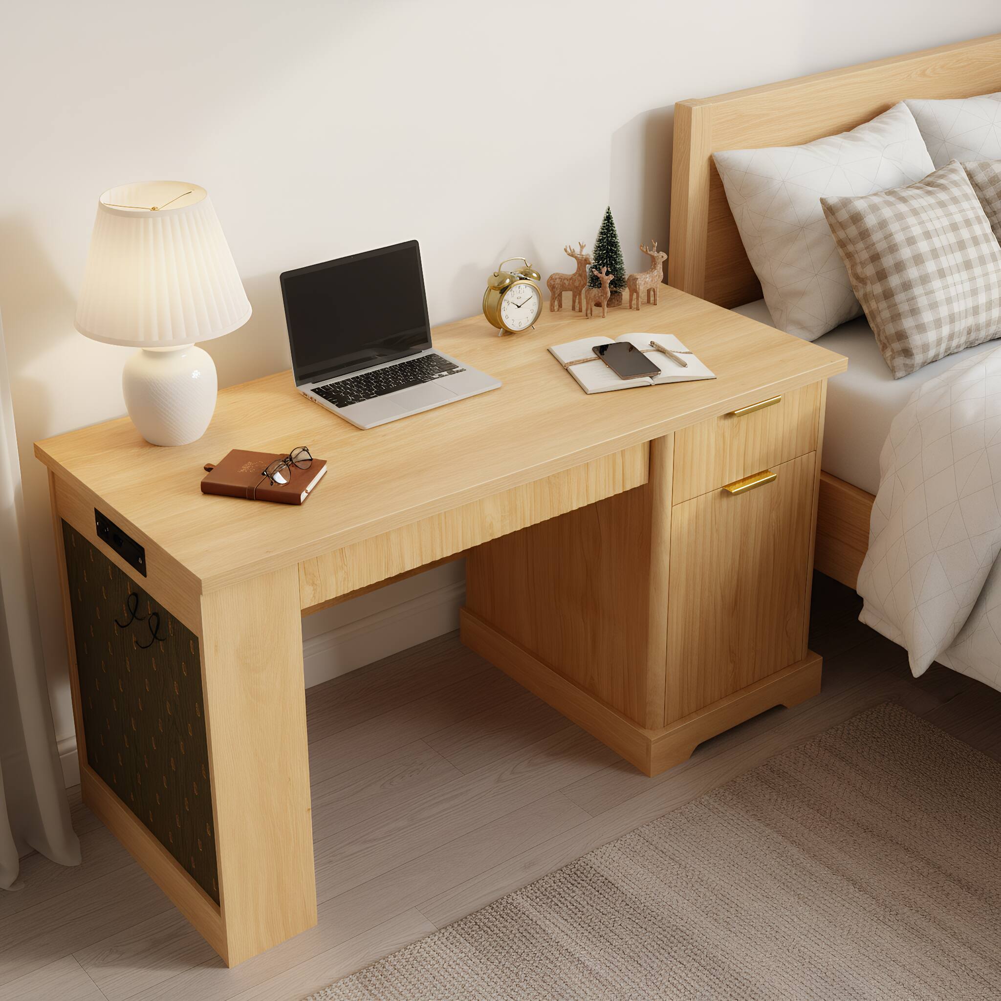 Alt View 2. Boyel Living - 55 Inch Fluted Office Desk with Storage Cabinet Drawers and Power Outlet Light Oak - Dark Walnut.