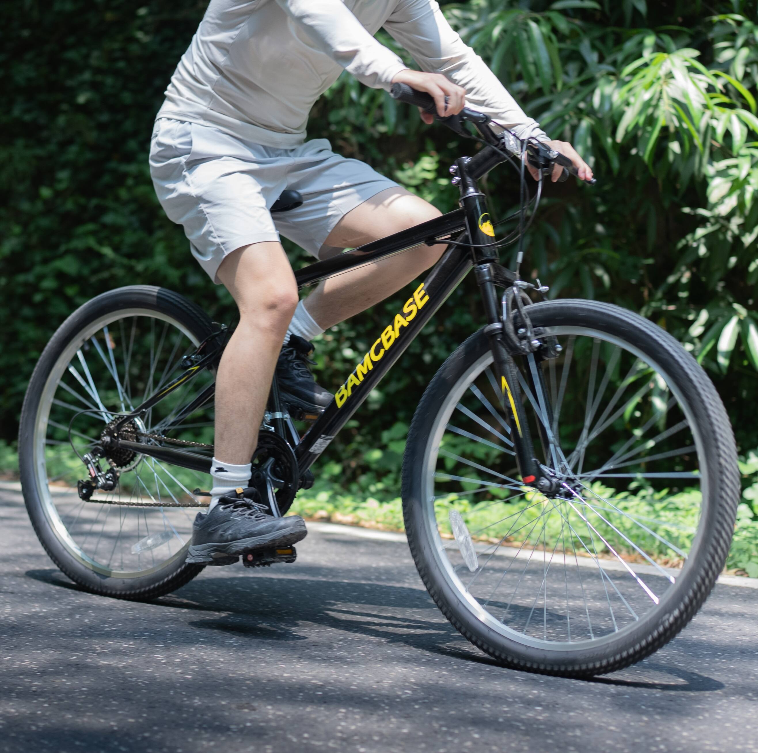 Left. HILAND - BAMCBASE Agave 27.5 inch Mountain Bike with Hi-Ten Steel Frame, Front Suspension Fork, 18 Speed MTB for Adult Men, Black - black.