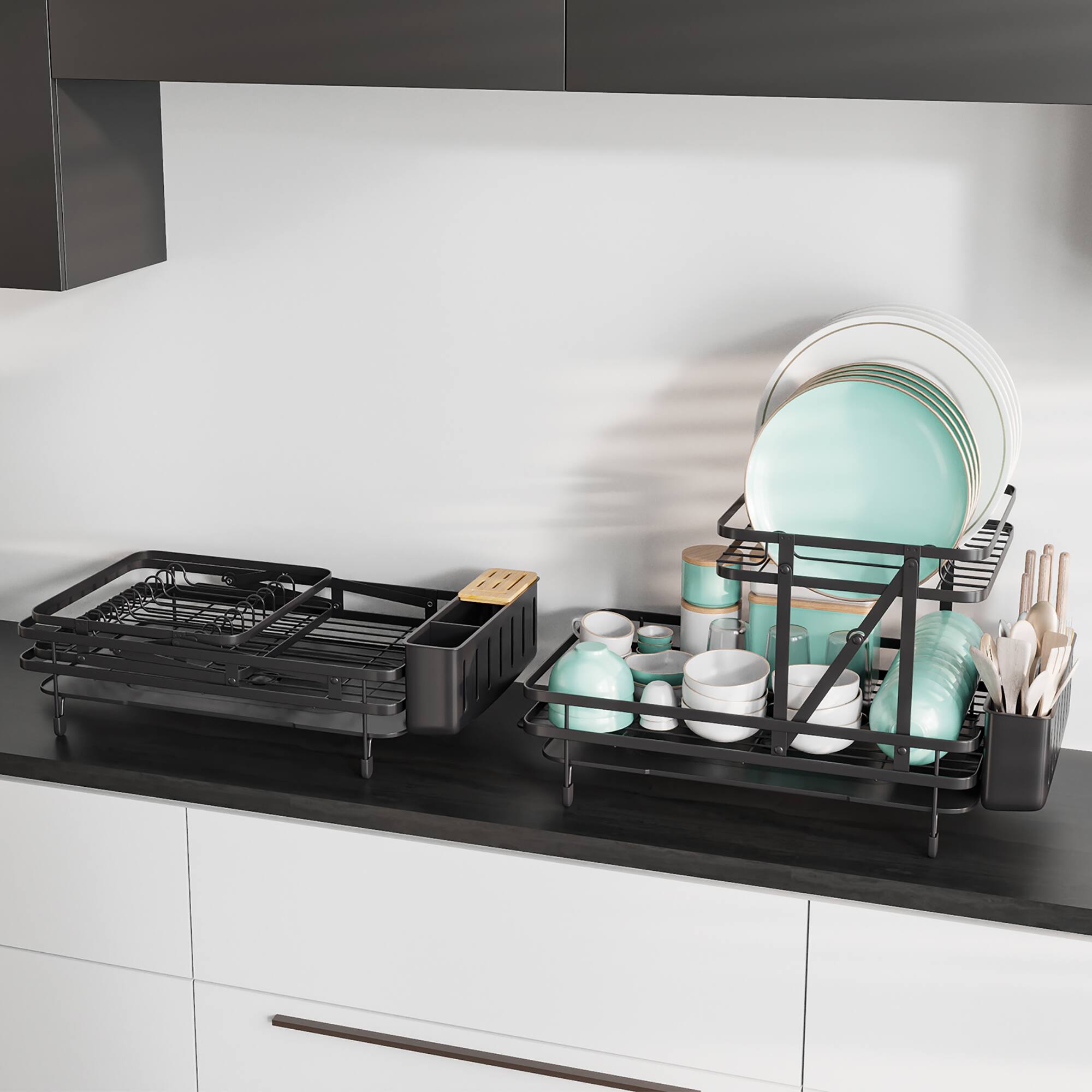 Alt View 4. Costway - Costway Dish Drying Rack Collapsible 2 Tier Dish Rack and Drainboard Set Kitchen Counter - Black.