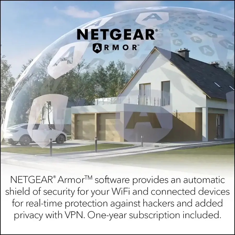 NETGEAR ArmorTM software provides an automatic shield of security for your WiFi and connected devices for real-time protection against hackers and added privacy with VPN. One-year subscription included.