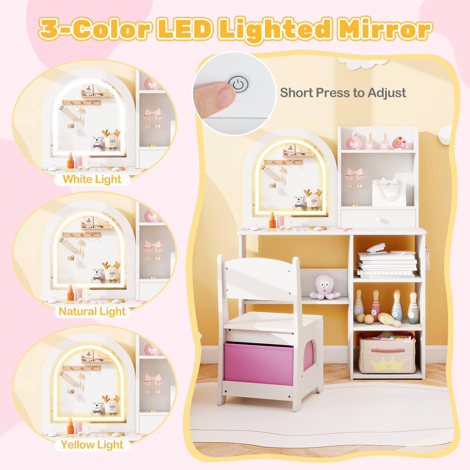 3-Color LED Lighted Mirror  
Short Press to Adjust  
1 White Light  
1 Natural Light  
1 Yellow Light