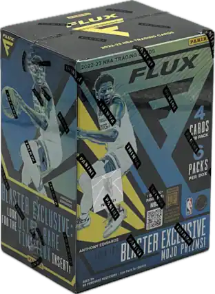 2022-23 NBA TRADING CARDS FLUX PANINI TRADING CARDS
PANINI 1 PACKS PER BOX
4 CARDS PER PACK
BLASTER EXCLUSIVE: LOOK FOR THE ULTRA RARE FLUX INSERT!
BLASTER EXCLUSIVE: ANTHONY EDWARDS FOR MOJO PRIZMS!
AGES 9+ NO PURCHASE NECESSARY - See Pack for Details