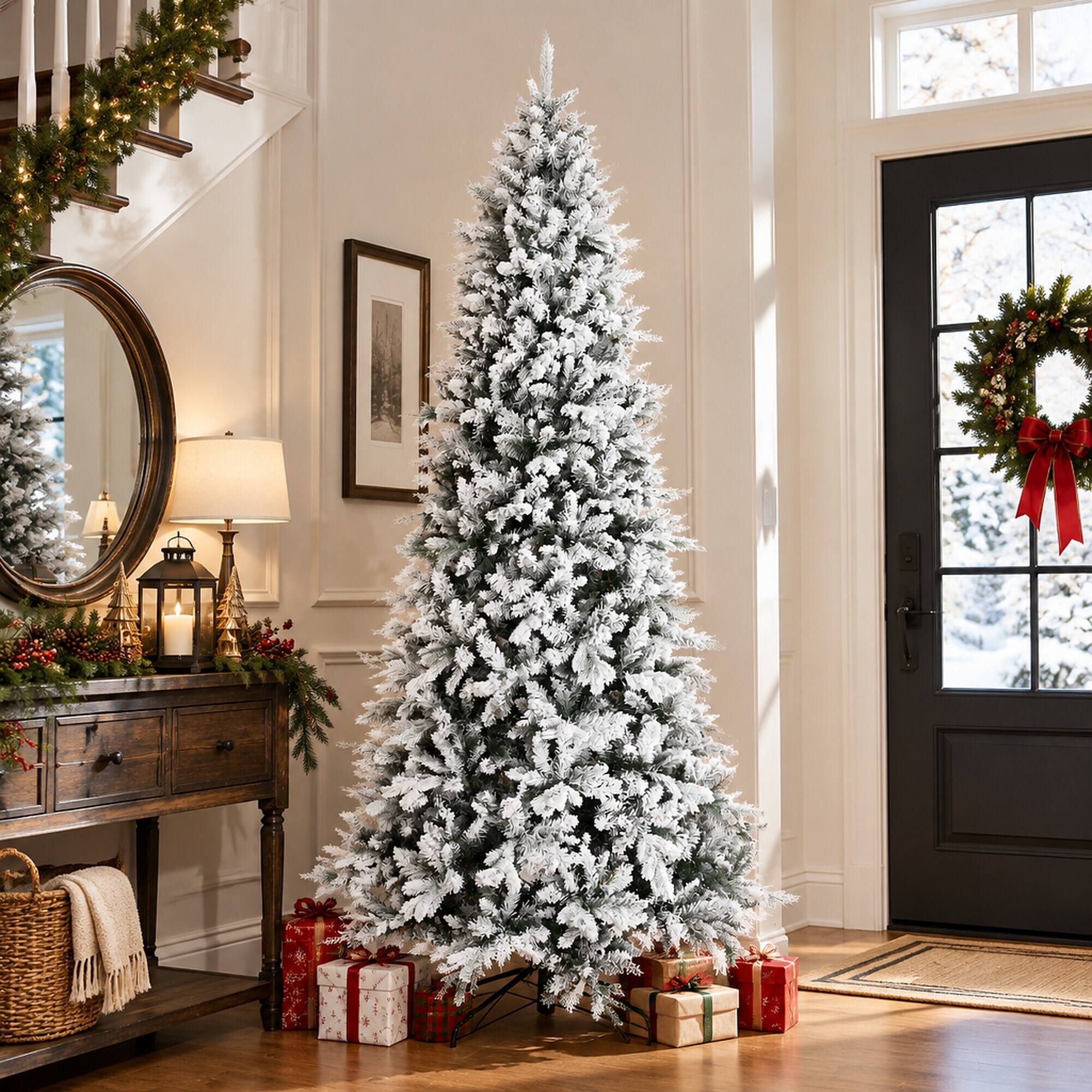 Alt View 1. RYHNUYNE - 9 Ft Snow Flocked Pine Green Artificial Christmas Tree With 616 Cedar Branches, Auto Open Hinged Holiday Home Decor - Green.