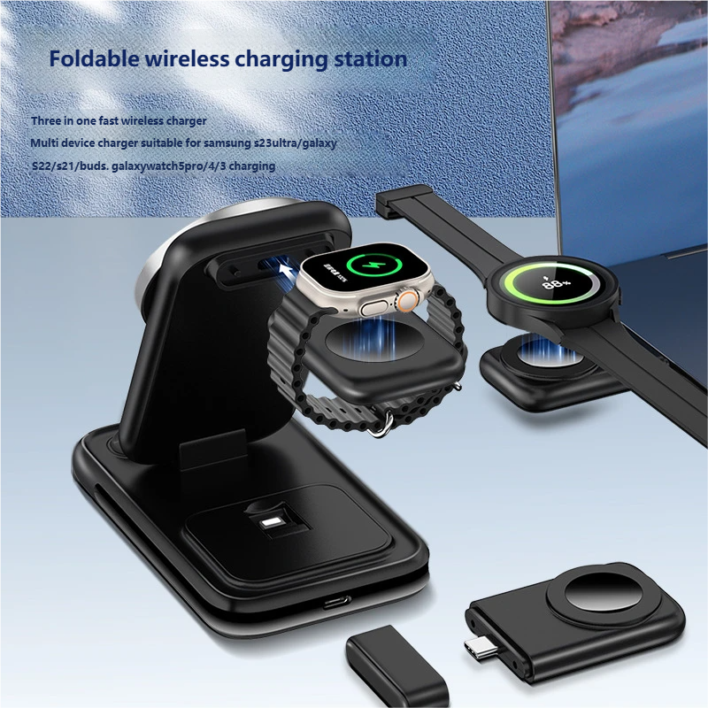 Foldable wireless charging station

Three in one fast wireless charger  
Multi device charger suitable for samsung s23ultra/galaxy S22/s21/buds. galaxywatch5pro/4/3 charging