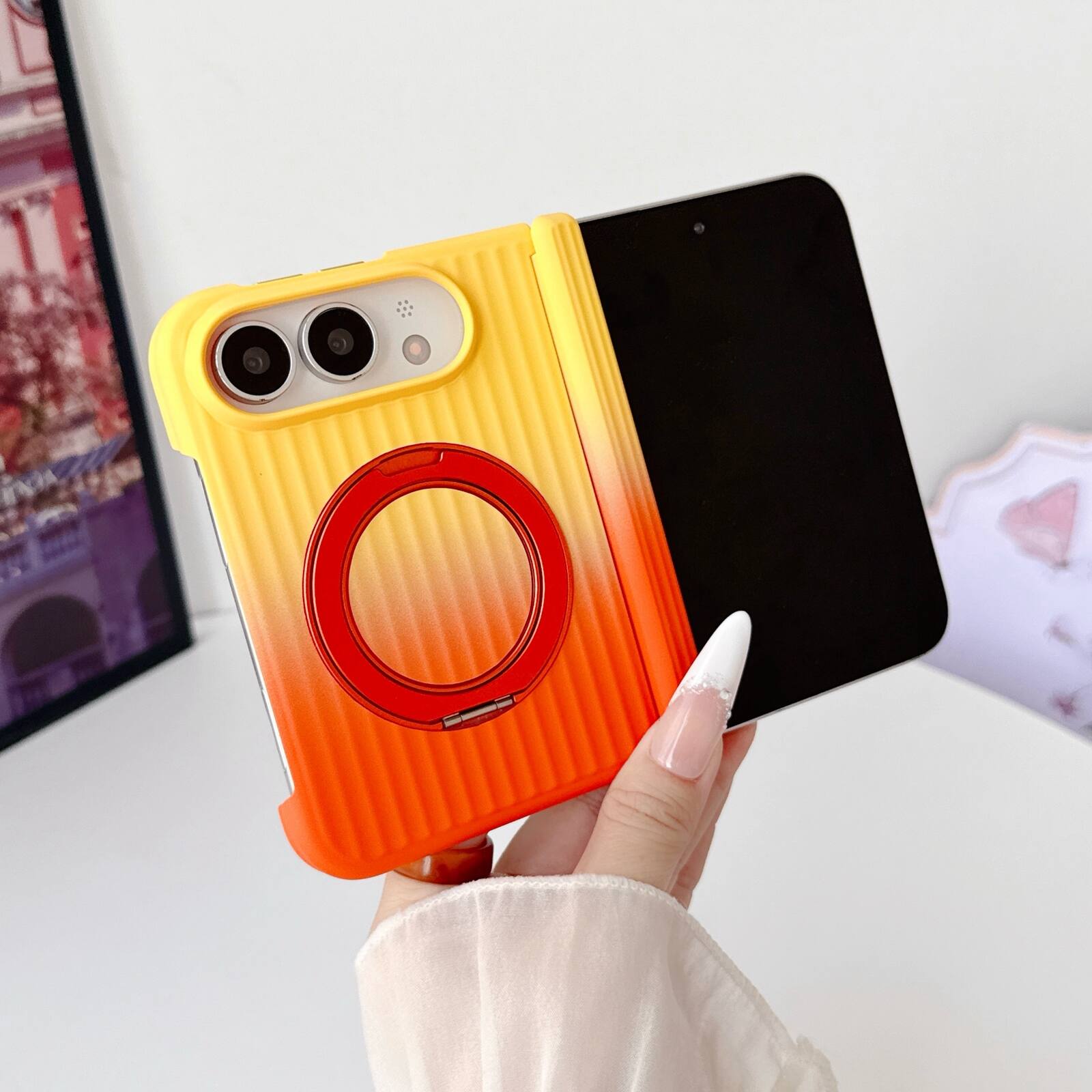 Front. Dteck - Gradient Kickstand Case for Apple iPhone Duo, Non-Slip Hard PC Back Cover, Qi Wireless Charging Shock-absorbent Shell - Yellow/Orange.