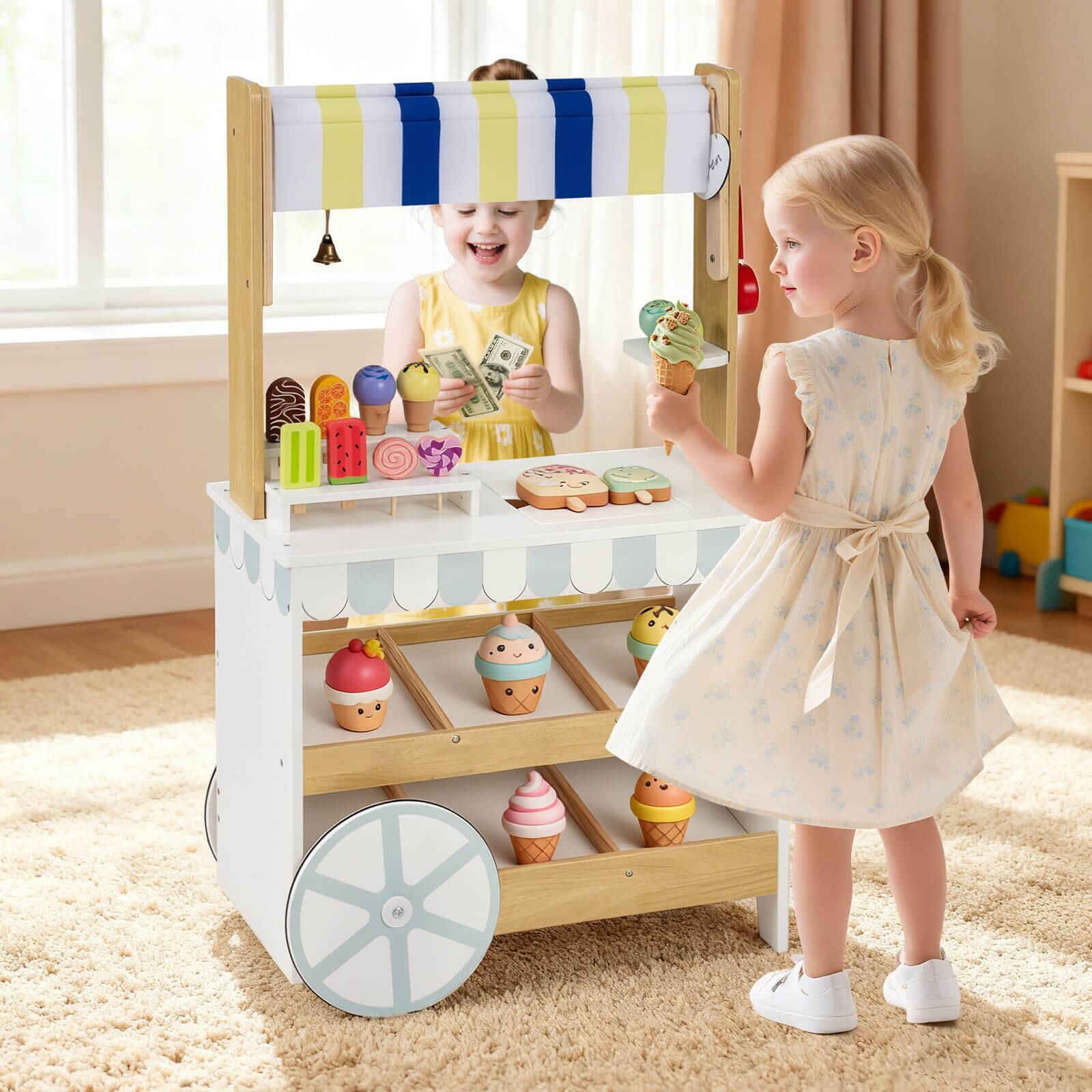 Alt View 1. Costway - Costway Wooden Ice Cream Cart for Kids 2-in-1 Grocery Store Playset with Display Shelves - Multicolour.