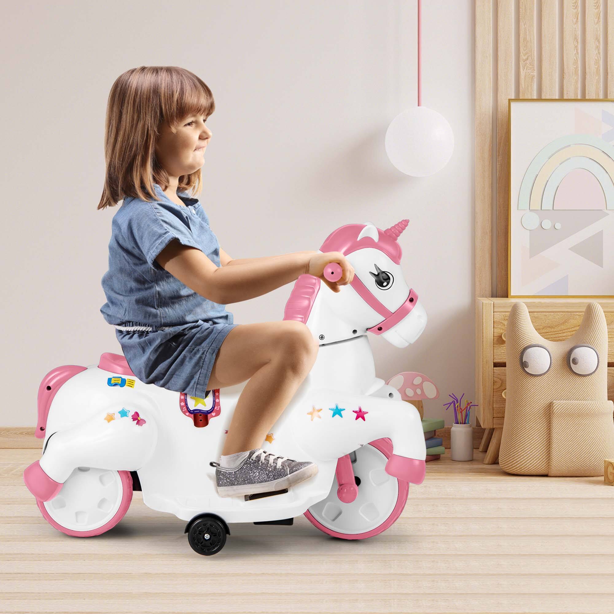 Alt View 3. Costway - Costway 12V Kids Ride on Unicorn Toy with Training Wheels Music One-button Start Horse Toy - Pink.