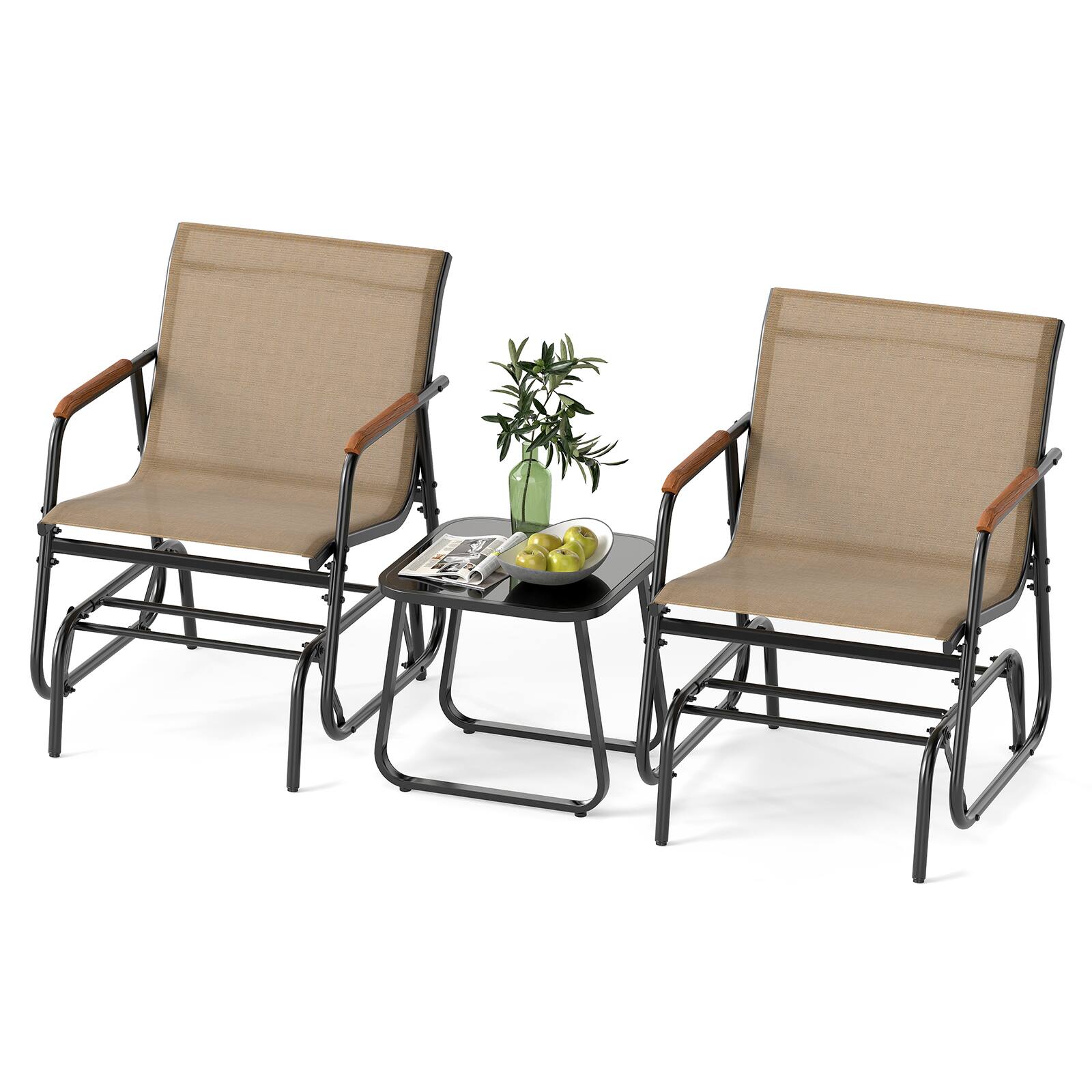 Alt View 9. Gymax - Gymax 3 Piece Outdoor Gliding Set w/ Tempered Glass Coffee Table Teak Wood Armrests - Black, Brown.