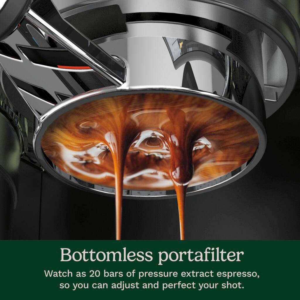 Bottomless portafilter: Watch as 20 bars of pressure extract espresso, so you can adjust and perfect your shot.
