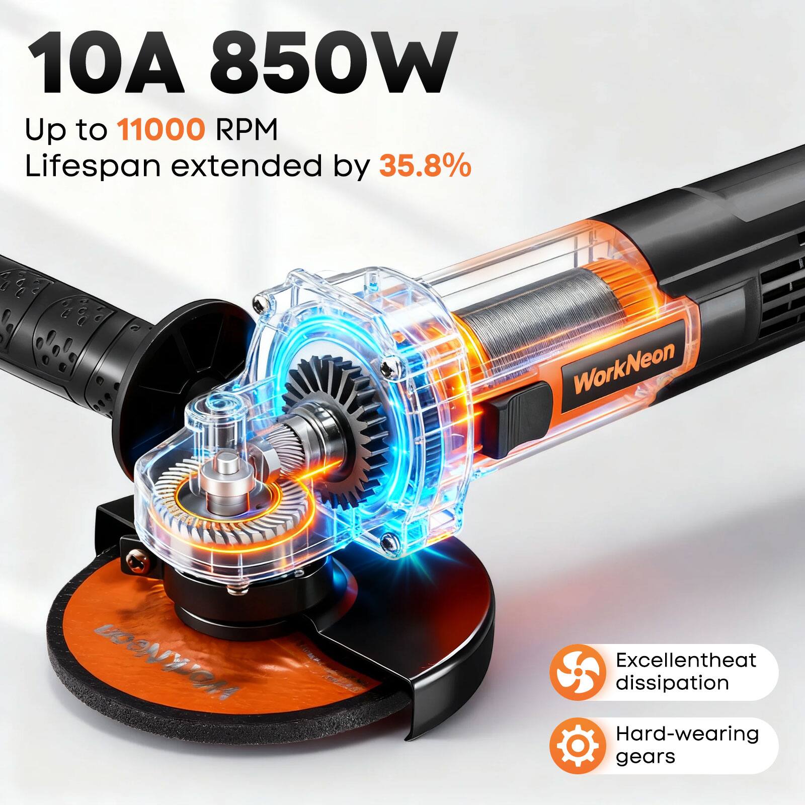 10A 850W  
Up to 11000 RPM  
Lifespan extended by 35.8%  
Excellent heat dissipation  
Hard-wearing gears