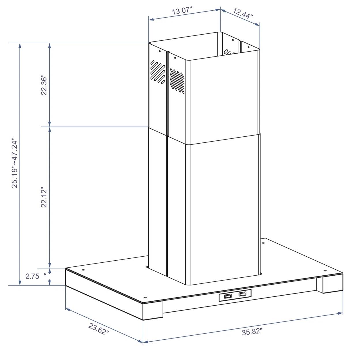 13.07", 12.44", 22.36", 25.19"~47.24", 22.12", 2.75", 23.62", 35.82"