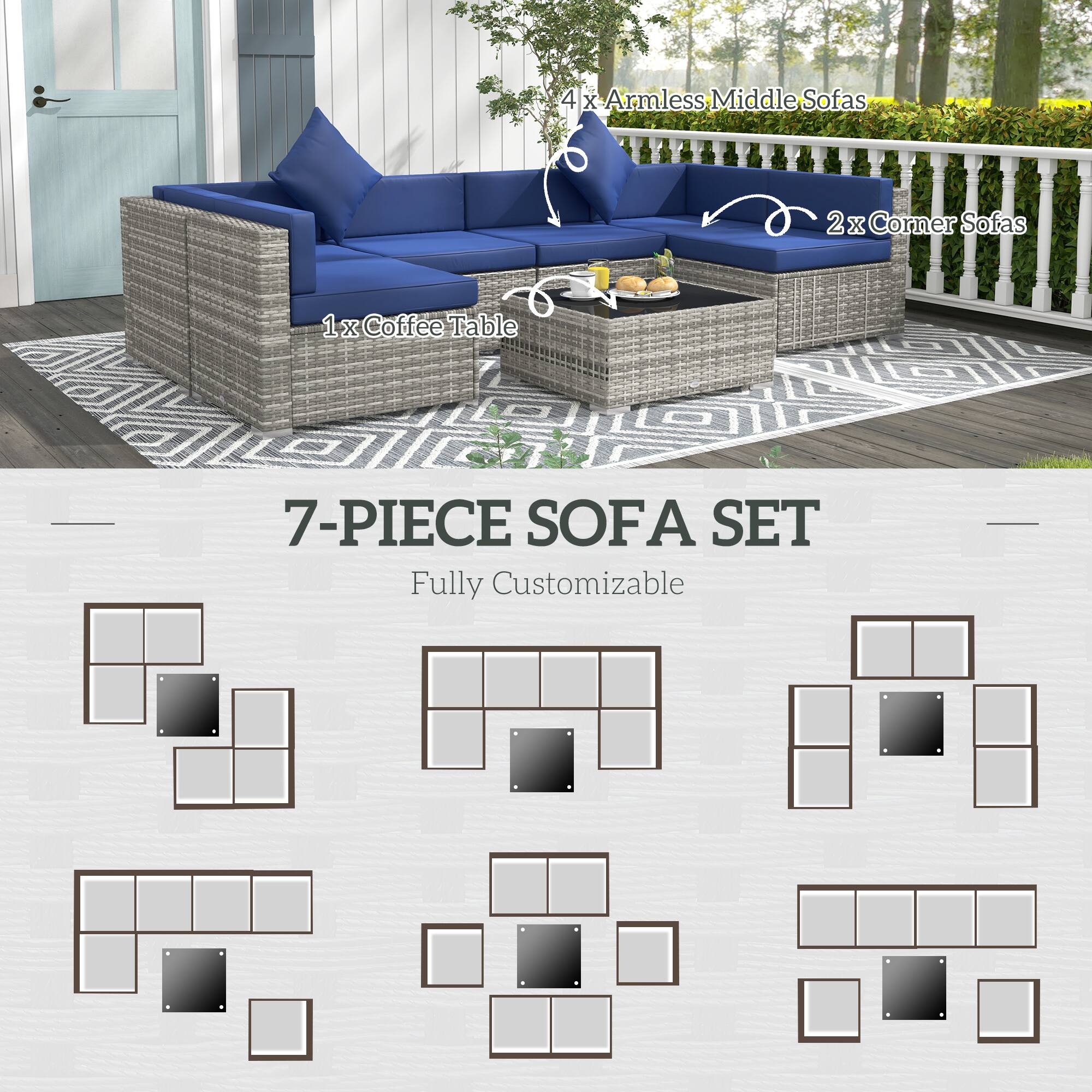 4 x Armless Middle Sofas  
2 x Corner Sofas  
1 x Coffee Table  

7-PIECE SOFA SET  
Fully Customizable