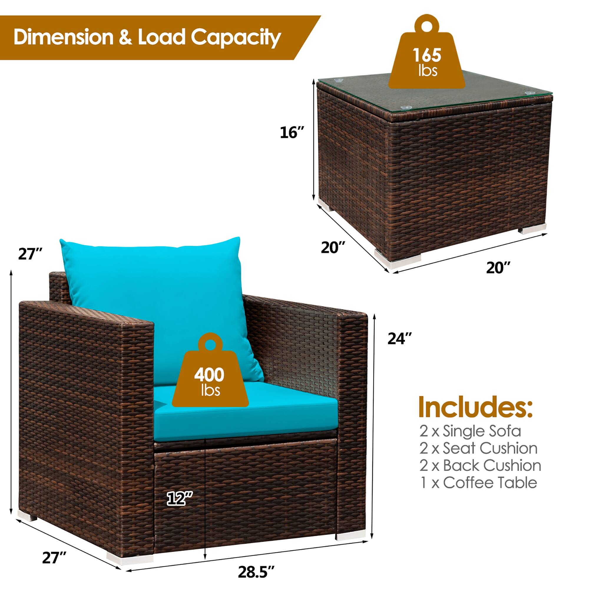 Dimension & Load Capacity: 165 lbs, 16", 27", 20", 20", 24", 400 lbs, 12"

Includes: 2 x Single Sofa, 2 x Seat Cushion, 2 x Back Cushion, 1 x Coffee Table

Dimensions: 27", 28.5"