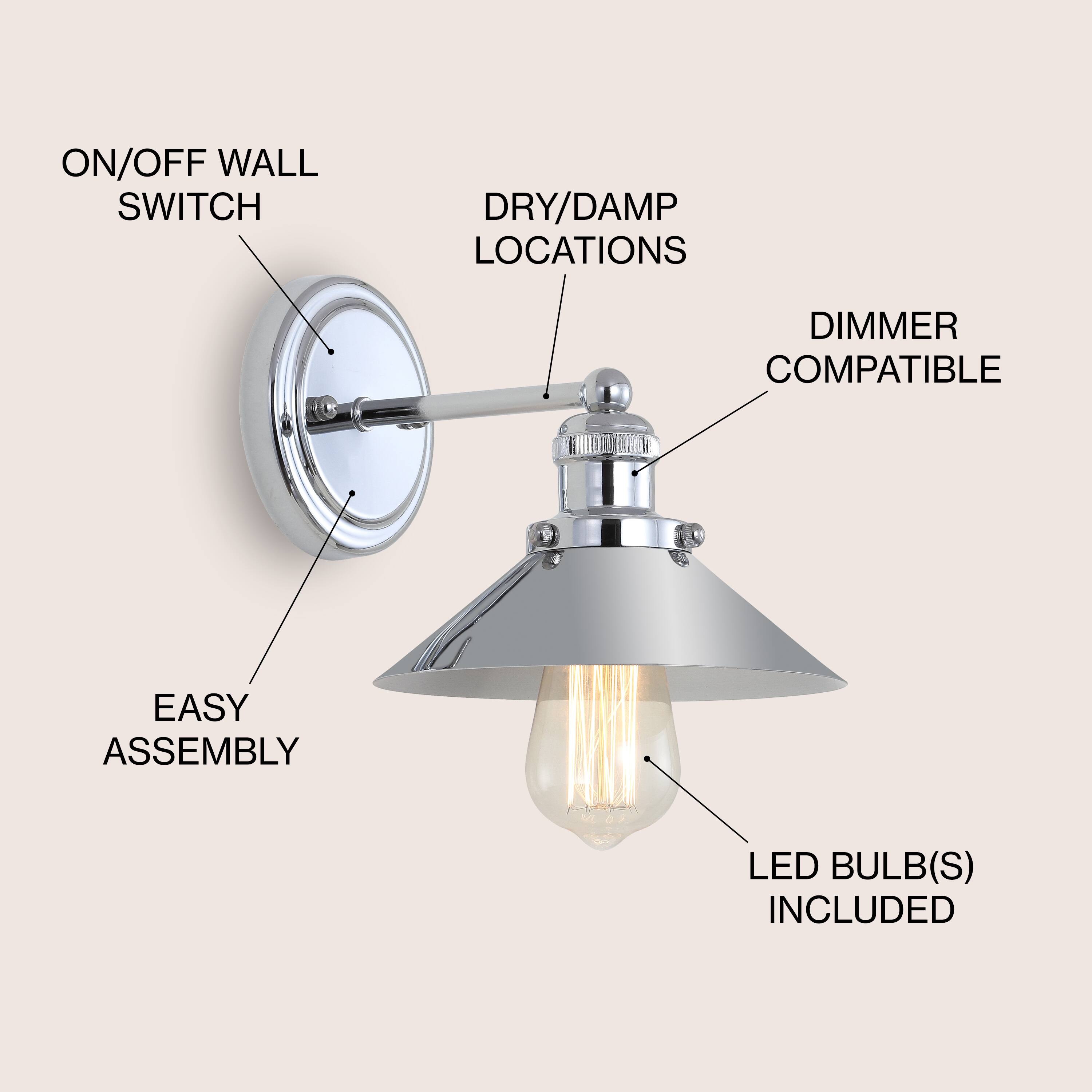 ON/OFF WALL SWITCH  
DRY/DAMP LOCATIONS  
DIMMER COMPATIBLE  
EASY ASSEMBLY  
LED BULB(S) INCLUDED