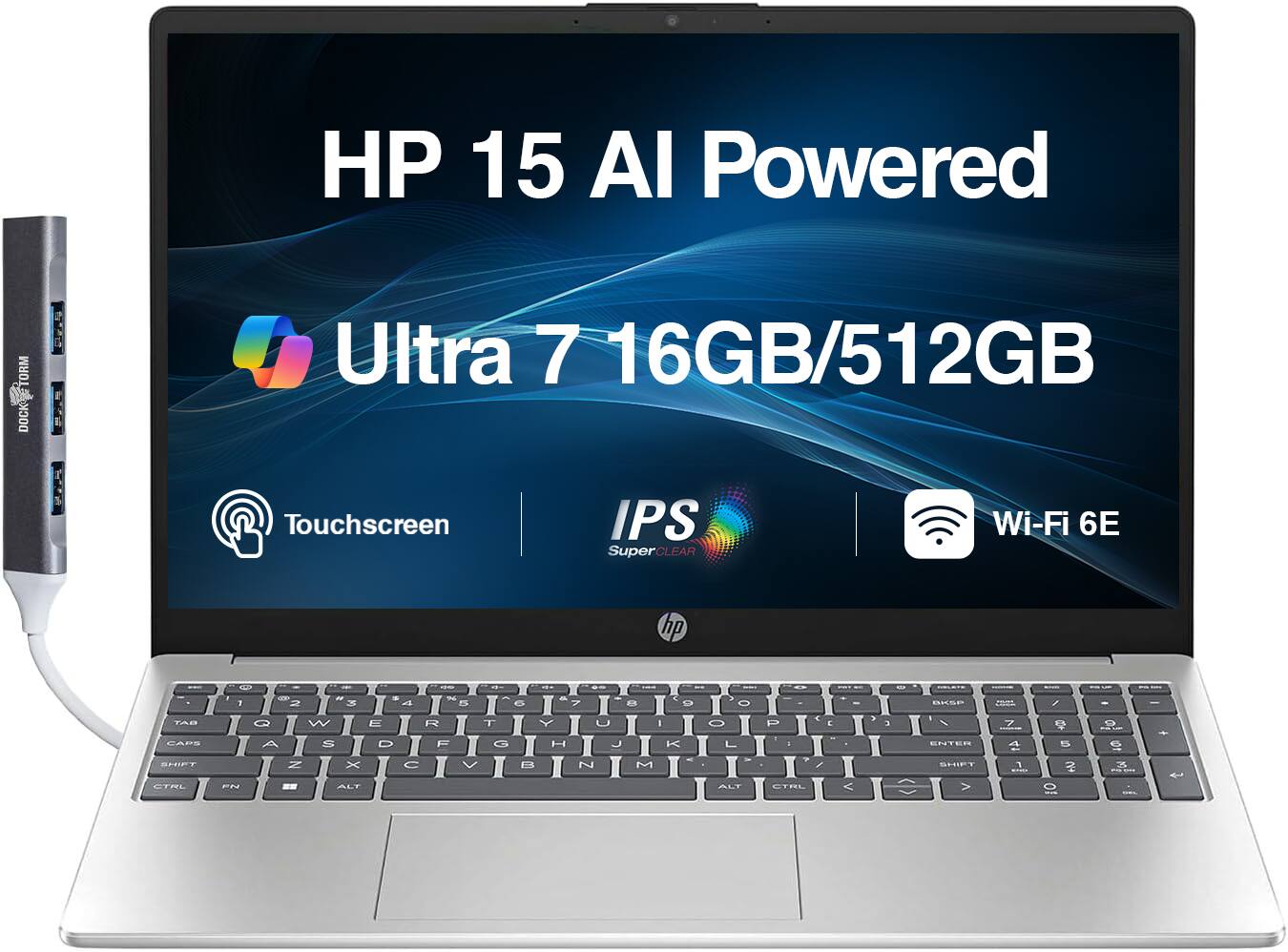 HP - Upgraded - 15 Laptop 15.6 FHD (Intel i7-1355U, 16GB DDR4, 512GB PCIe SSD, Intel Iris Xe, Win 11 Pro) w/USB Hub - Natural Silver