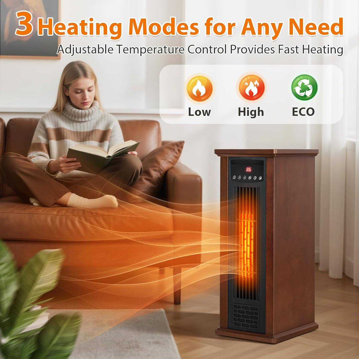 3 Heating Modes for Any Need  
Adjustable Temperature Control Provides Fast Heating  
Low  
High  
ECO