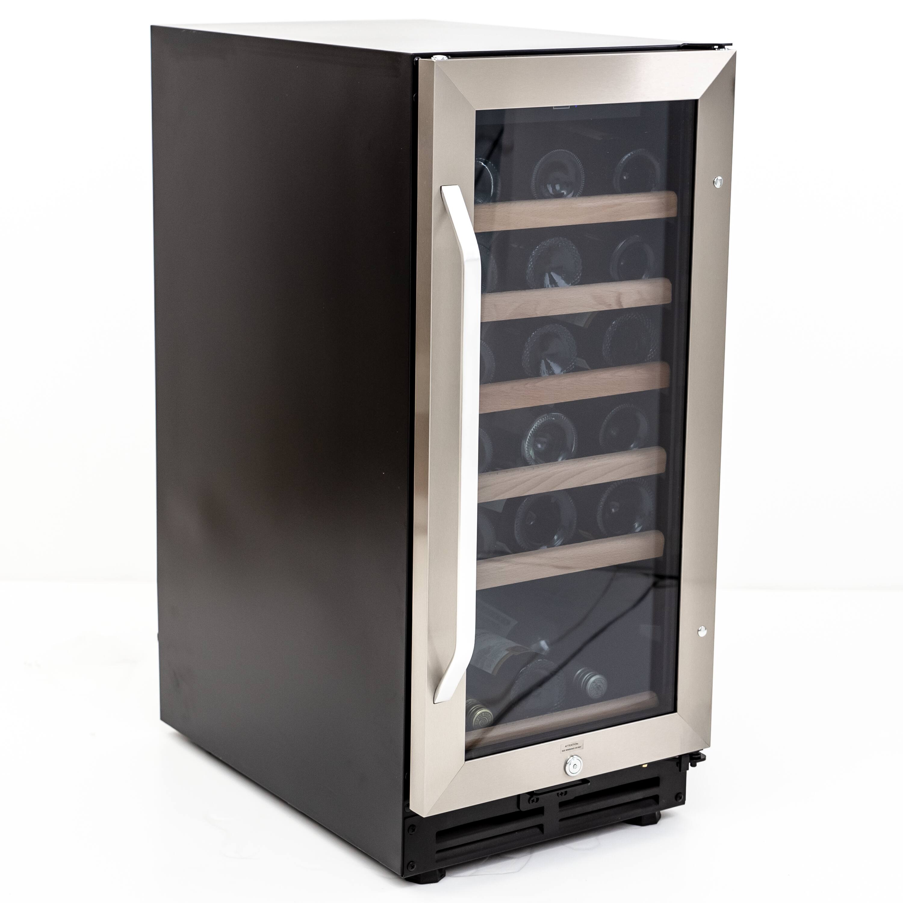 Angle. Avanti - Wine Cooler with Wood Accent Shelving, 30 Bottle Capacity, in Stainless Steel.
