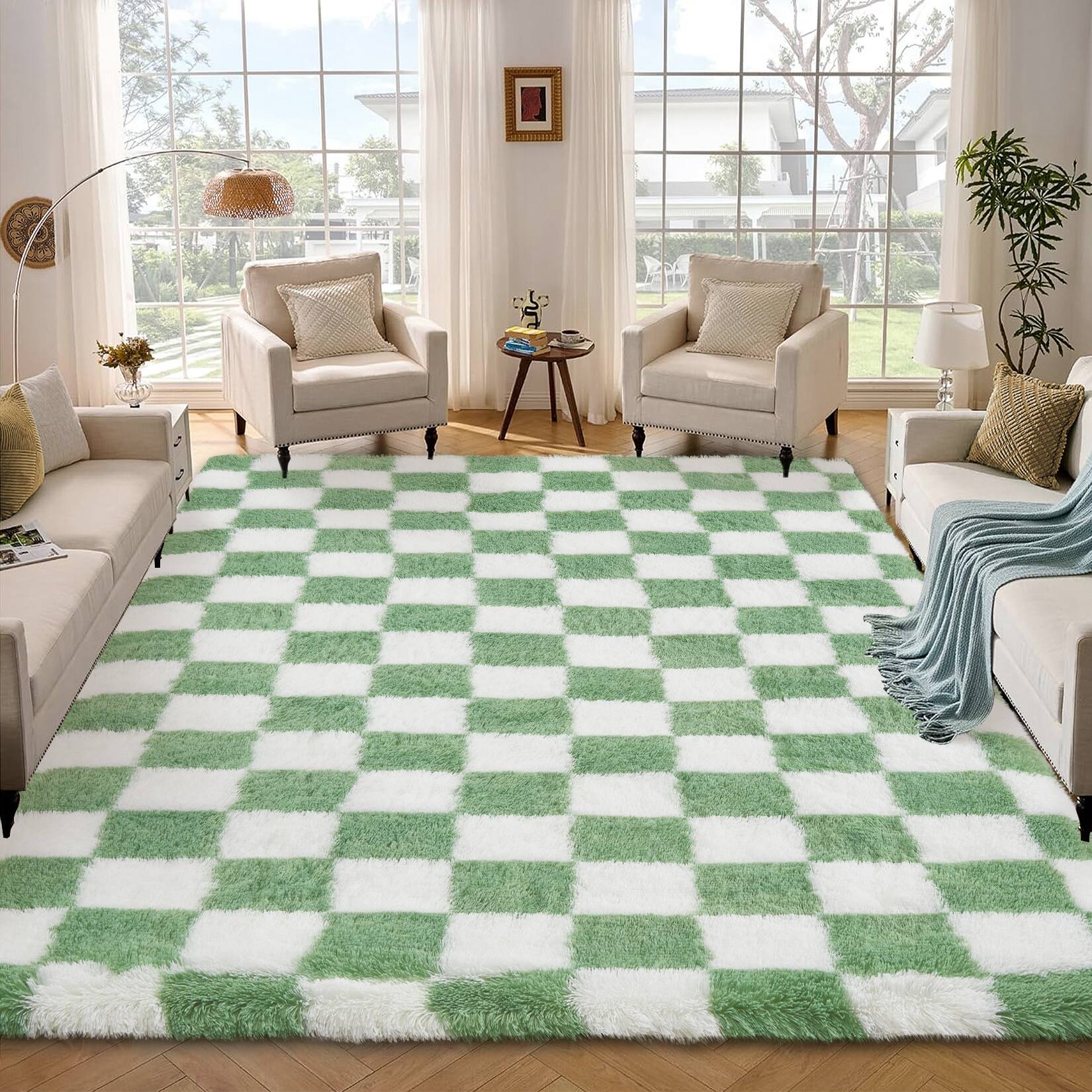 Left. Acekool - Cloud Plush Area Rug High Pile Ultra Soft Washable Non Slip Fluffy Carpet for Living Room Bedroom Kids' Room - Green.