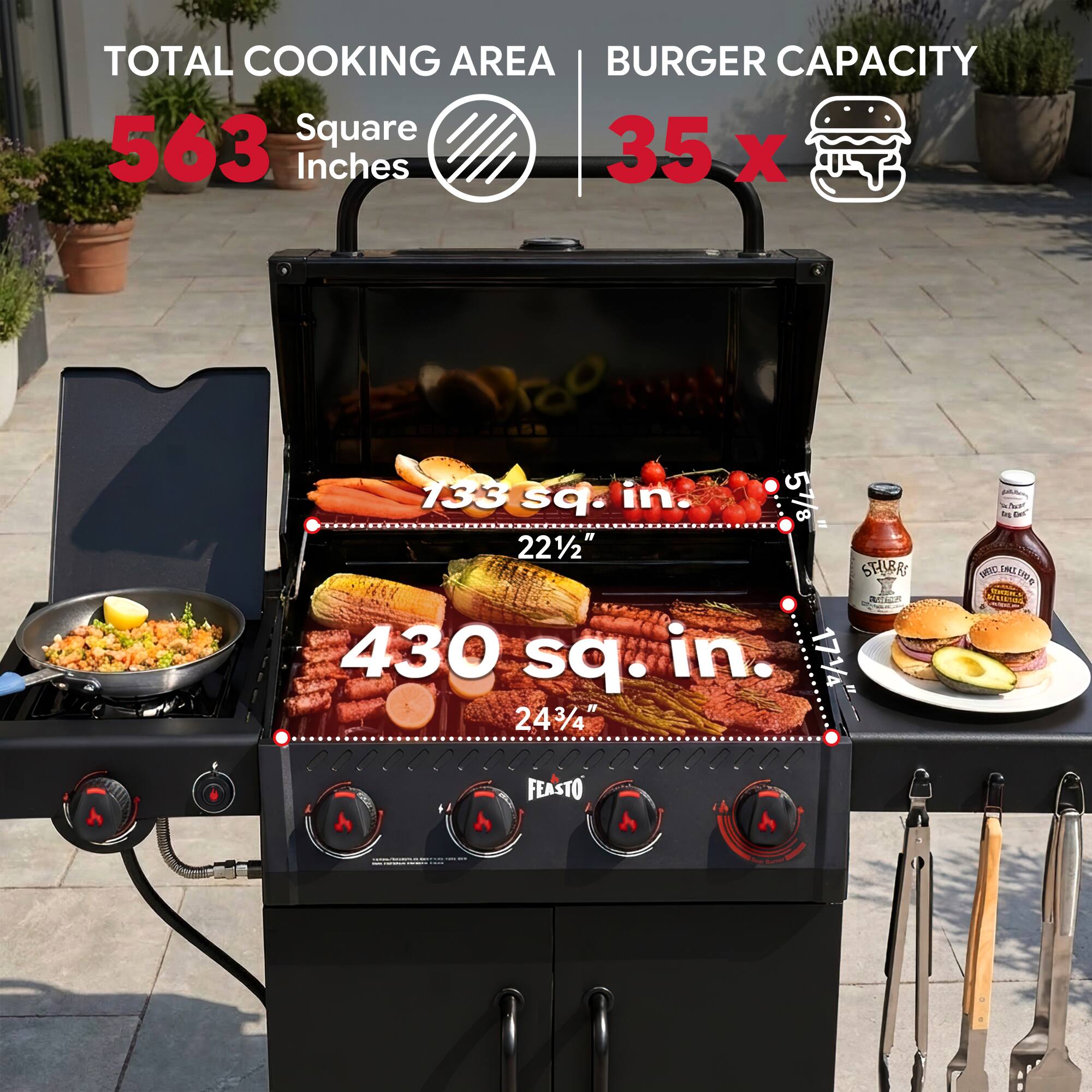 TOTAL COOKING AREA: 563 Square Inches  
BURGER CAPACITY: 35 x 35  

133 sq. in.  
22 1/2"  

430 sq. in.  
24 3/4"