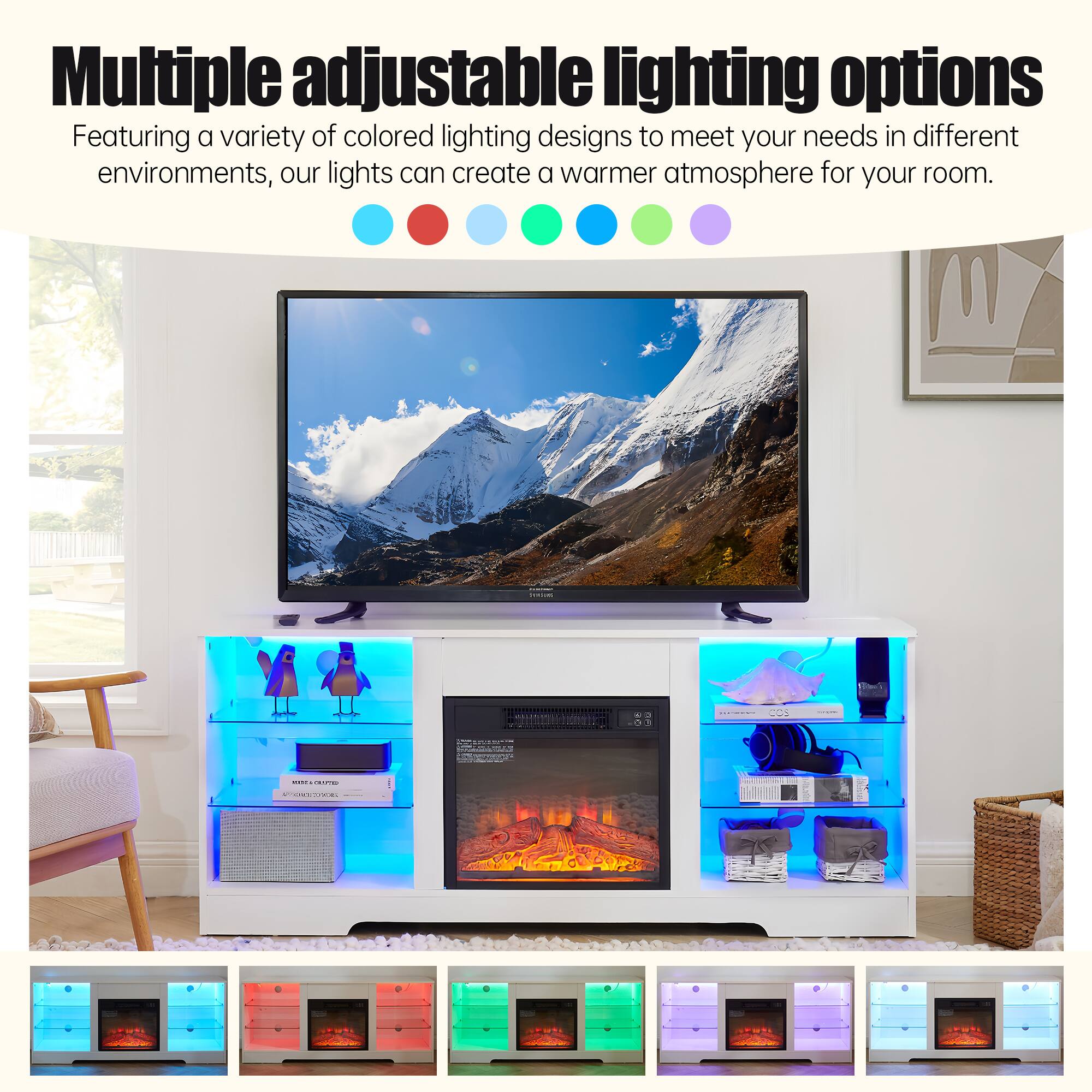 Multiple adjustable lighting options  
Featuring a variety of colored lighting designs to meet your needs in different environments, our lights can create a warmer atmosphere for your room.