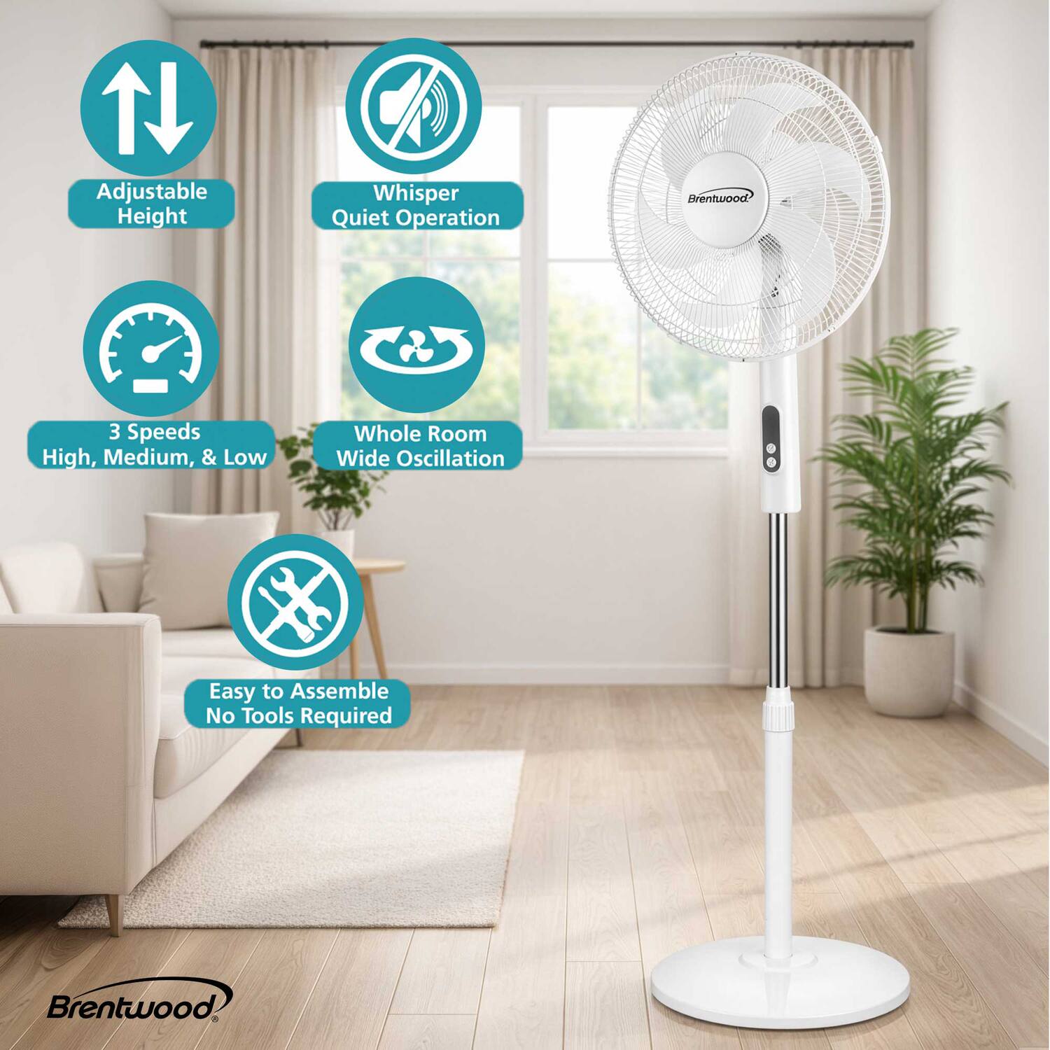 Adjustable Height Whisper Quiet Operation Brentwood 5 3 Speeds High, Medium, & Low Whole Room Wide Oscillation Easy to Assemble No Tools Required