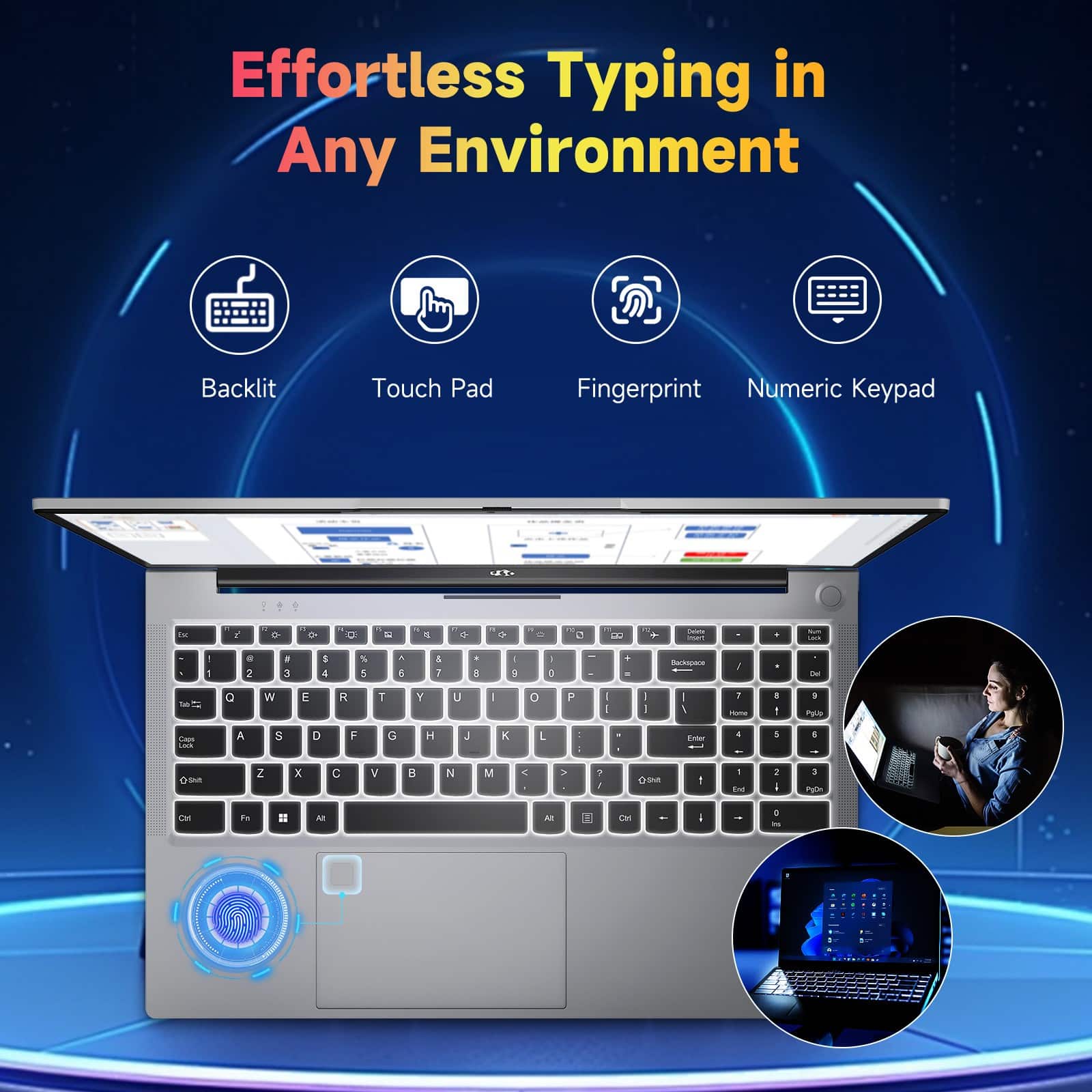 Effortless Typing in Any Environment
Backlit
Touch Pad
Fingerprint
Numeric Keypad