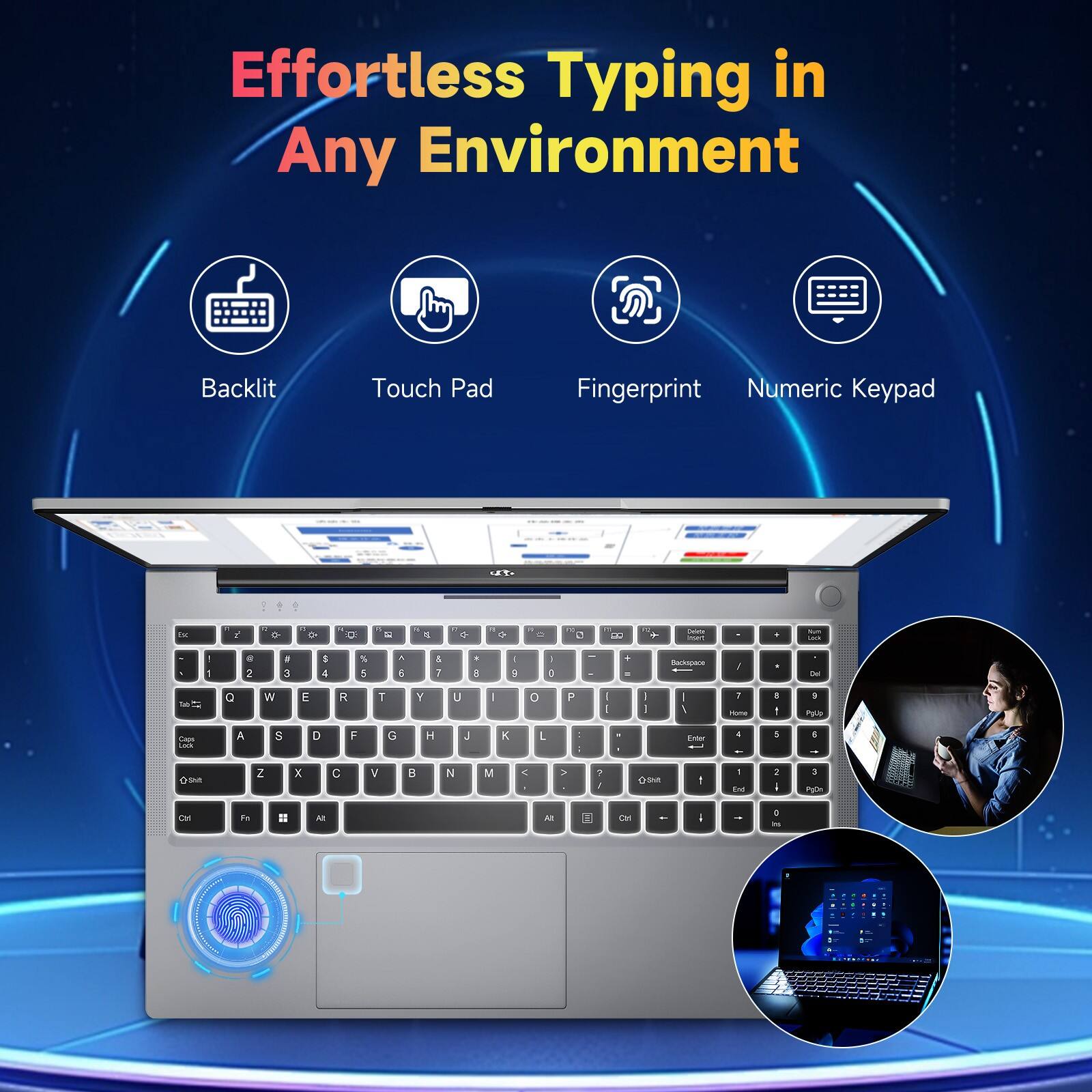 Effortless Typing in Any Environment

Backlit  
Touch Pad  
Fingerprint  
Numeric Keypad